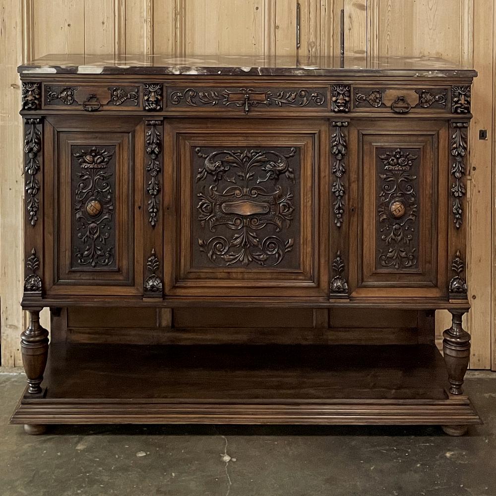 Hand-Carved 19th Century French Renaissance Walnut Marble Top Raised Buffet For Sale