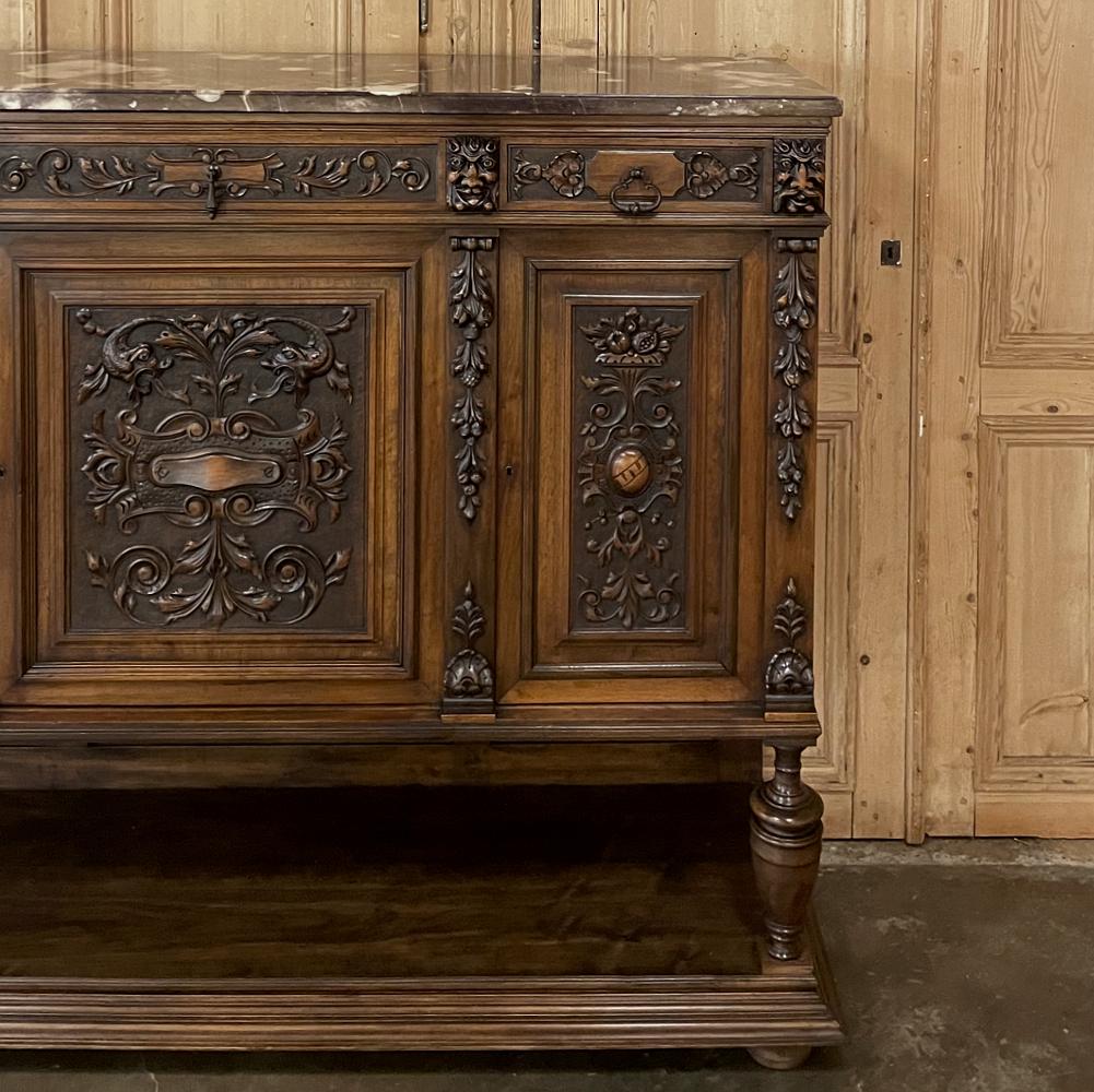 19th Century French Renaissance Walnut Marble Top Raised Buffet For Sale 3