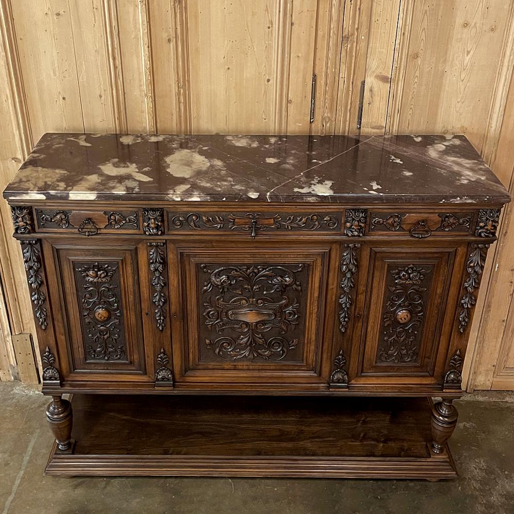 19th Century French Renaissance Walnut Marble Top Raised Buffet For Sale 4
