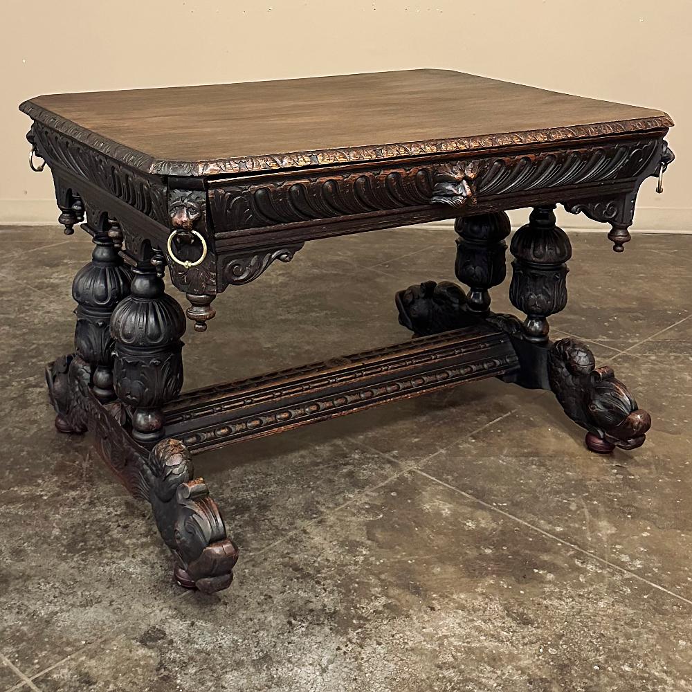 19th Century French Renaissance Writing Desk is a wonderful example of the genre, refined over the course of centuries and in this example inspired by the revival of the Renaissance style.  Crafted entirely out of old-growth oak, it features a