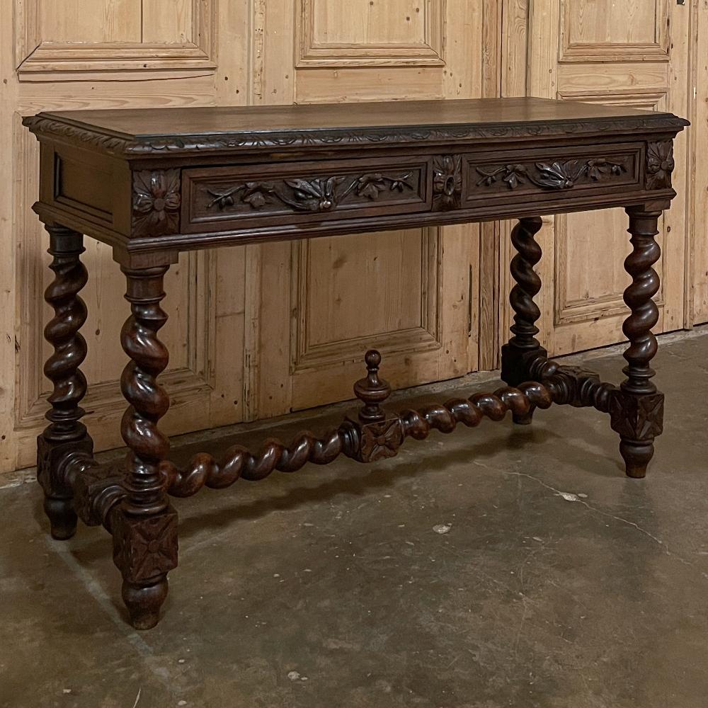 19th Century French Renaissance writing table ~ Desk ~ Sofa Table is unusually shallow for its type, making it a good choice for behind the sofa, in a cozy room, or anywhere a special Old World look is desired! Sculpted from old-growth oak, it