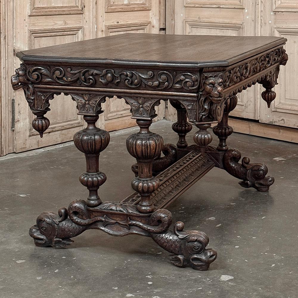 Table à écrire Renaissance française du 19ème siècle ~ Bureau avec Dauphins en vente 2