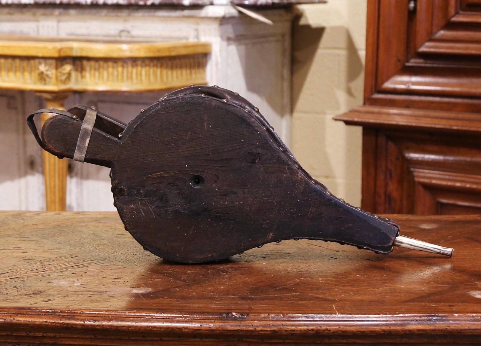Hand-Carved 19th Century French Repousse Brass and Leather Fireplace Bellows