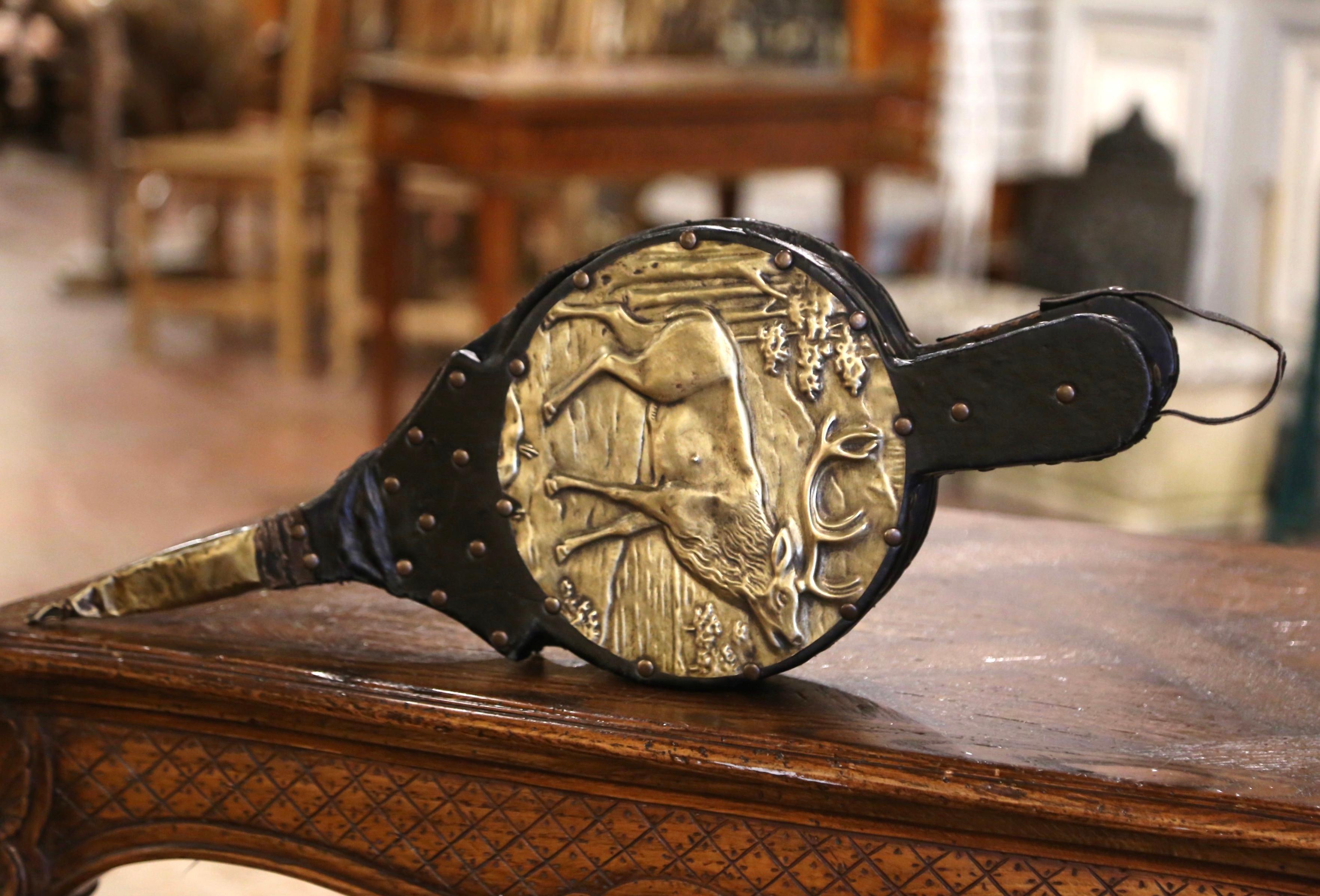 19th Century French Repousse Brass and Leather Fireplace Bellows with Stag In Good Condition In Dallas, TX