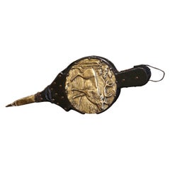 19th Century French Repousse Brass and Leather Fireplace Bellows with Stag