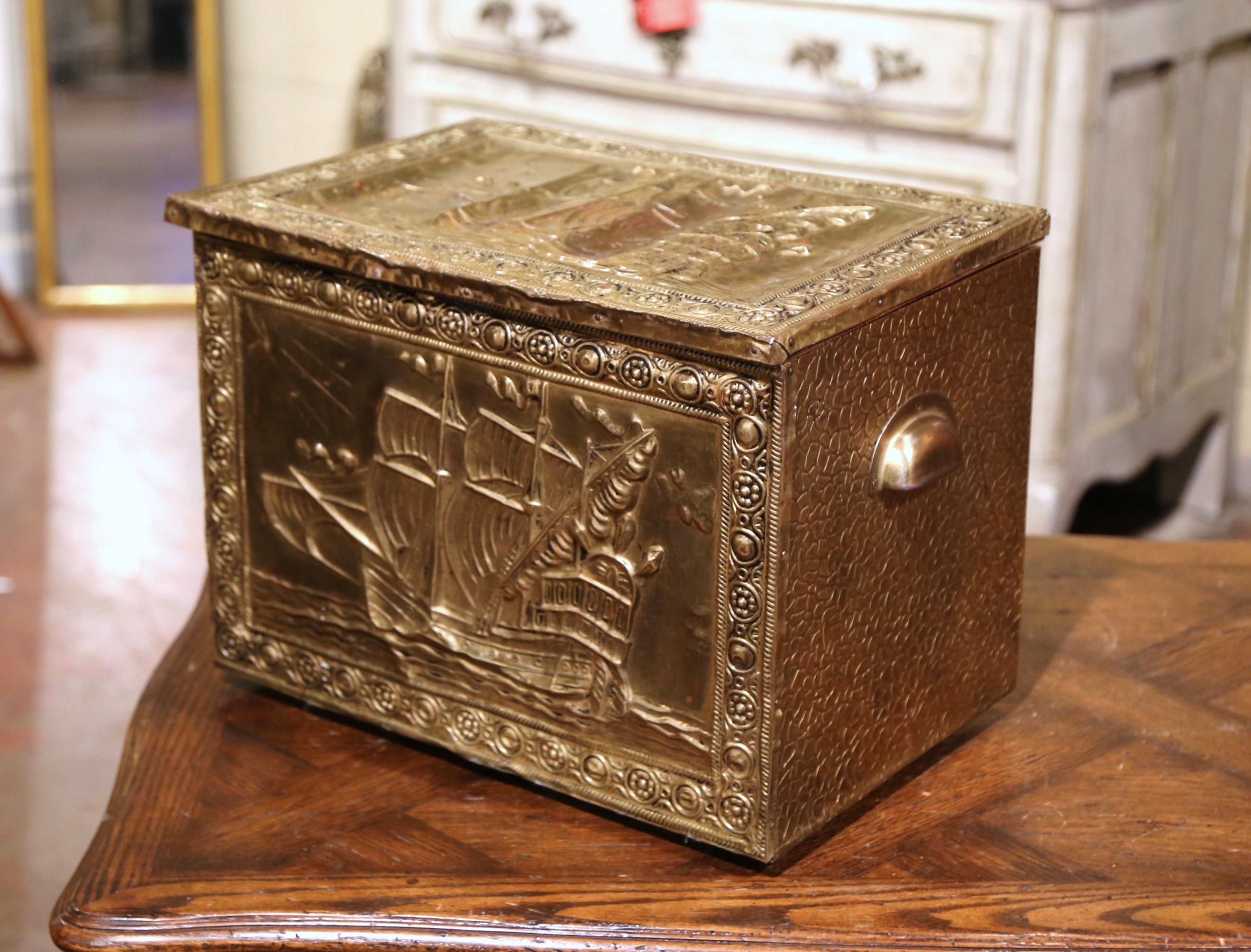 Napoleon III 19th Century French Repousse Brass and Wood Box with Sailboat Decor