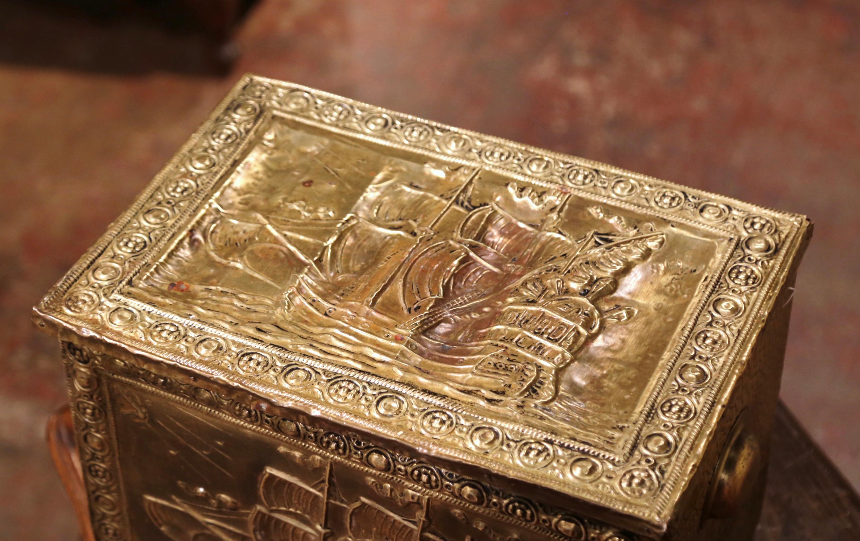 Repoussé 19th Century French Repousse Brass and Wood Box with Sailboat Decor