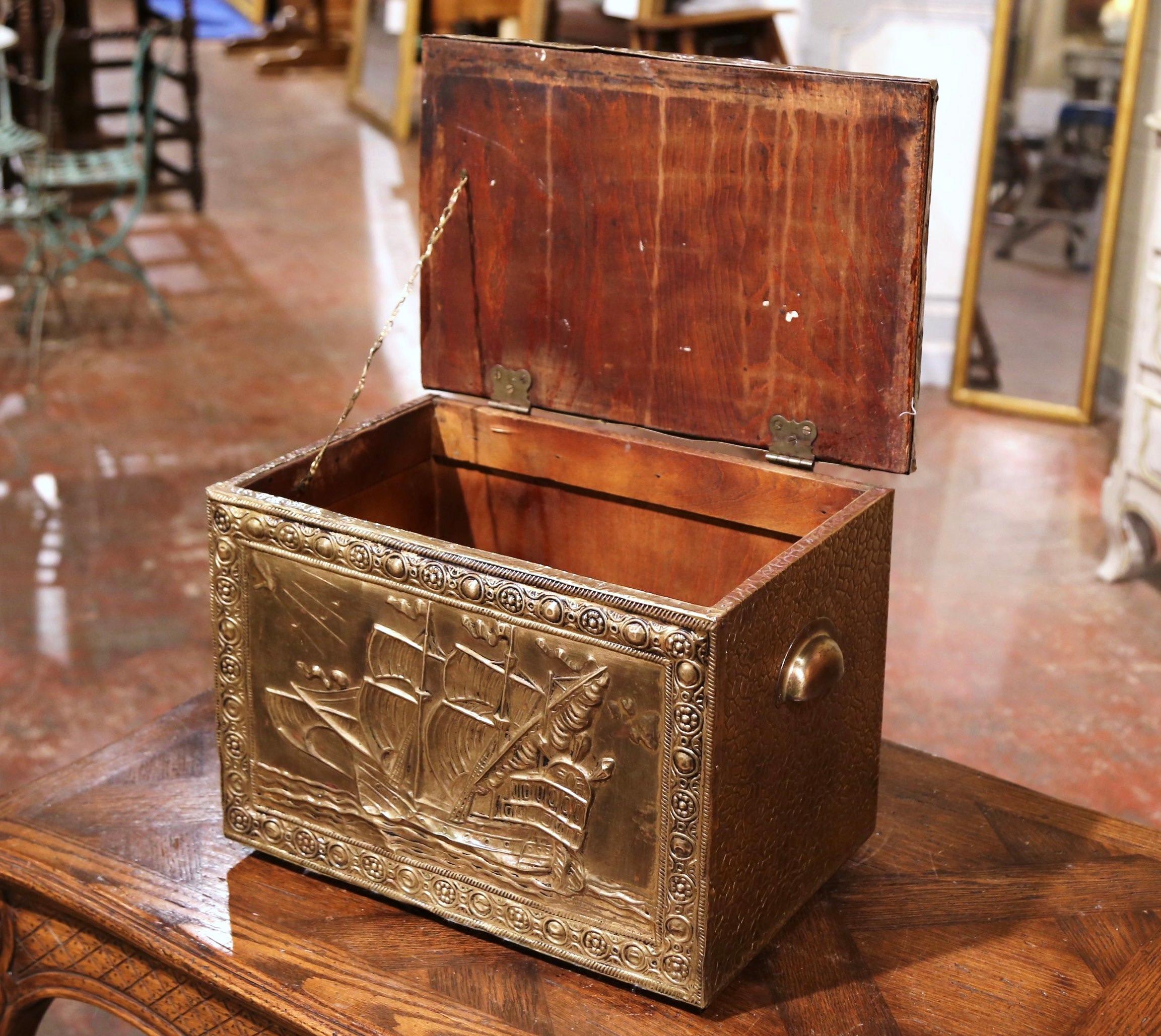 19th Century French Repousse Brass and Wood Box with Sailboat Decor 1