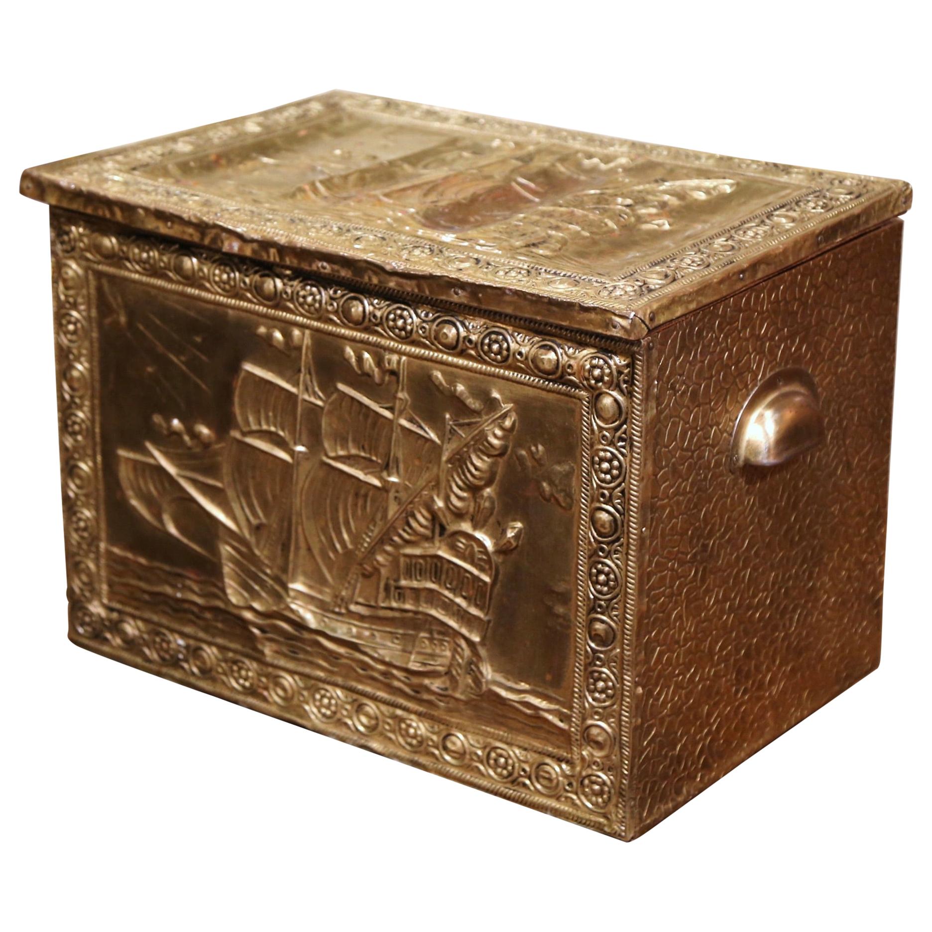 19th Century French Repousse Brass and Wood Box with Sailboat Decor