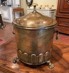19th Century French Repousse Brass Basket or Cache Pot with Lid and Inside Liner