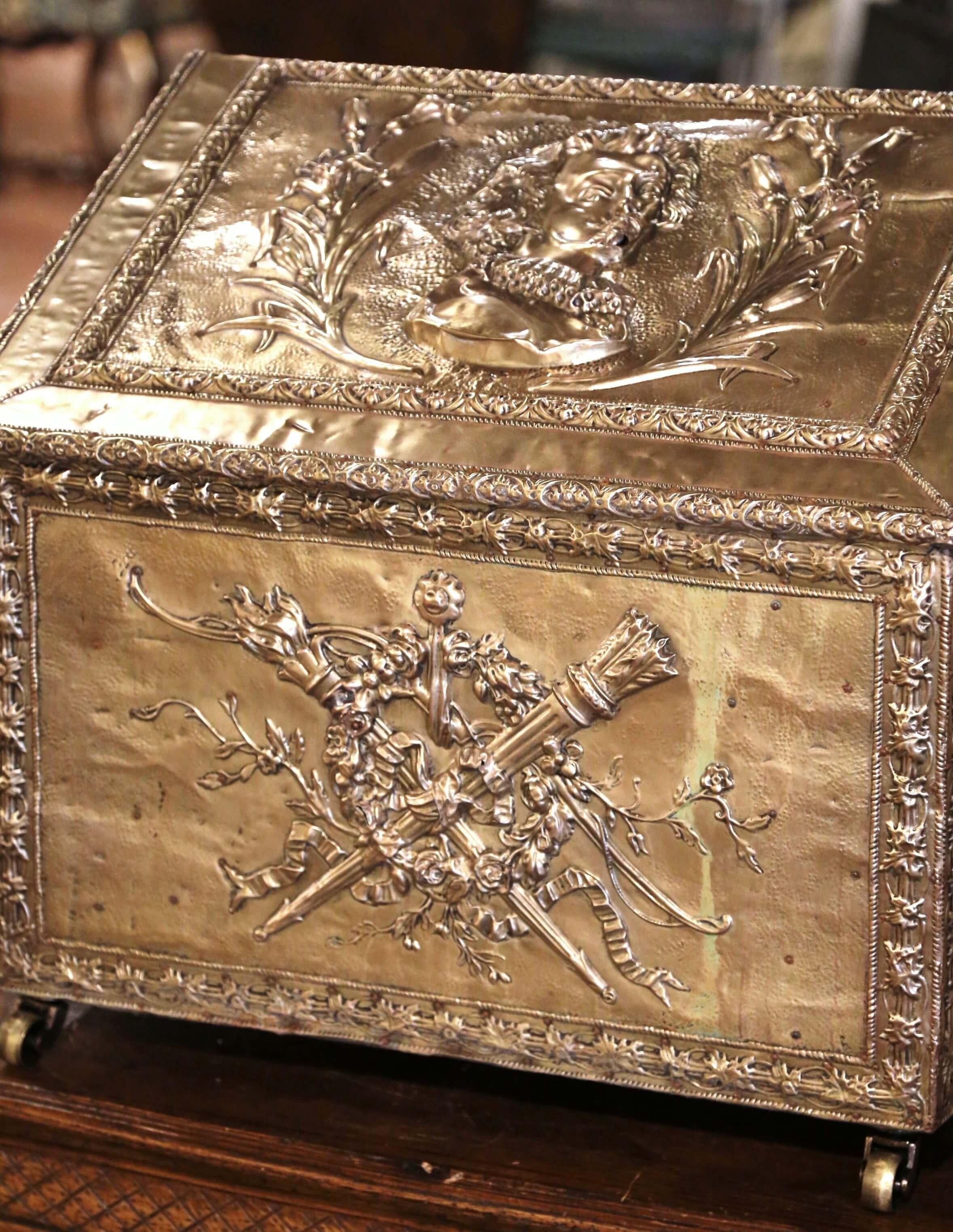 Hand-Crafted 19th Century French Repousse Brass Clad Coal Bin on Casters with Hunt Motifs For Sale