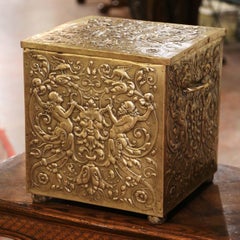 19th Century French Repousse Brass Coal Bin with Neoclassical Motifs