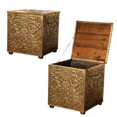 19th Century French Repousse Brass Coal Bin with Neoclassical Motifs