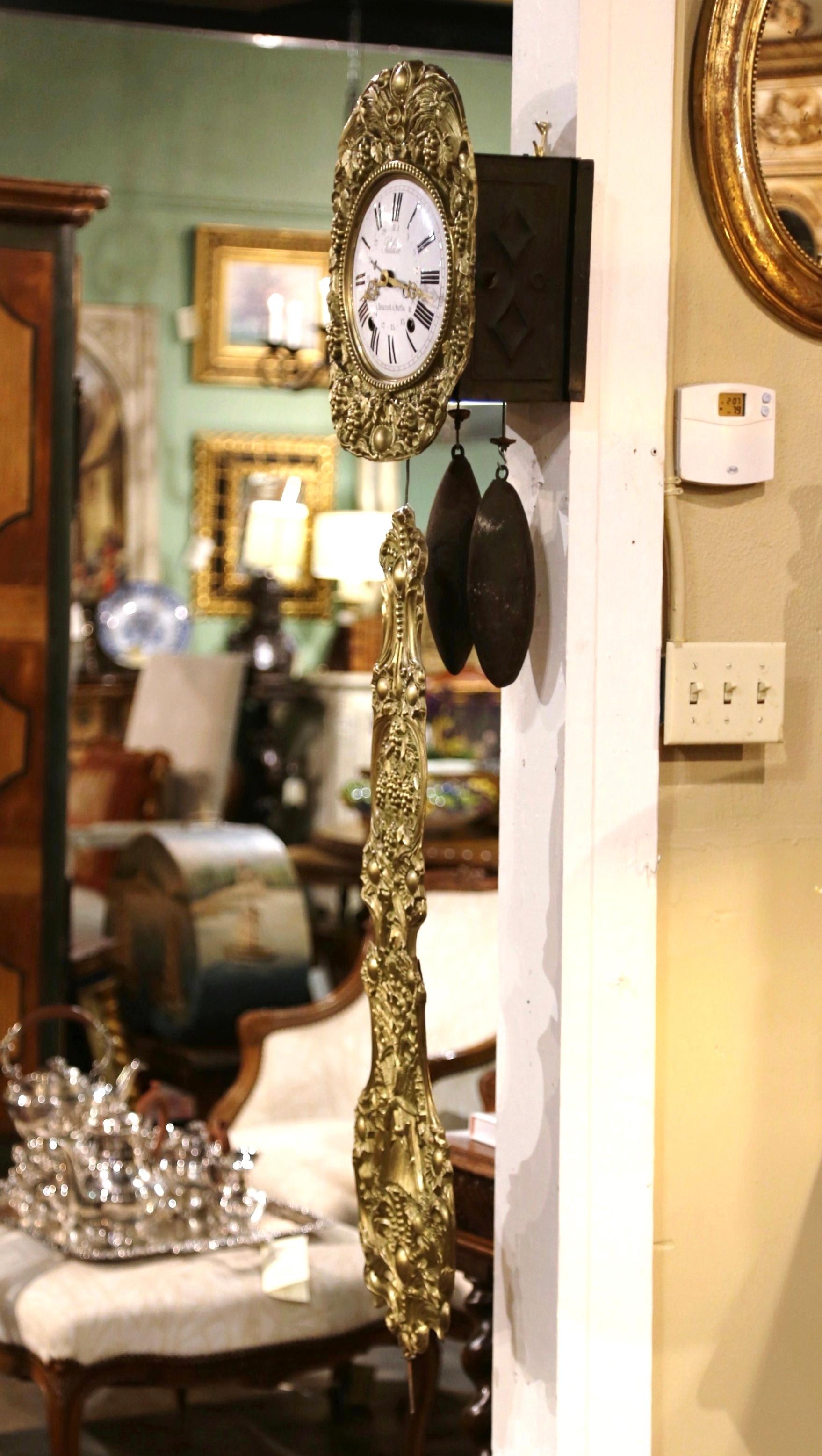 19th Century French Repousse Brass Comtoise Wall Clock with Grape & Vine Motifs In Excellent Condition In Dallas, TX