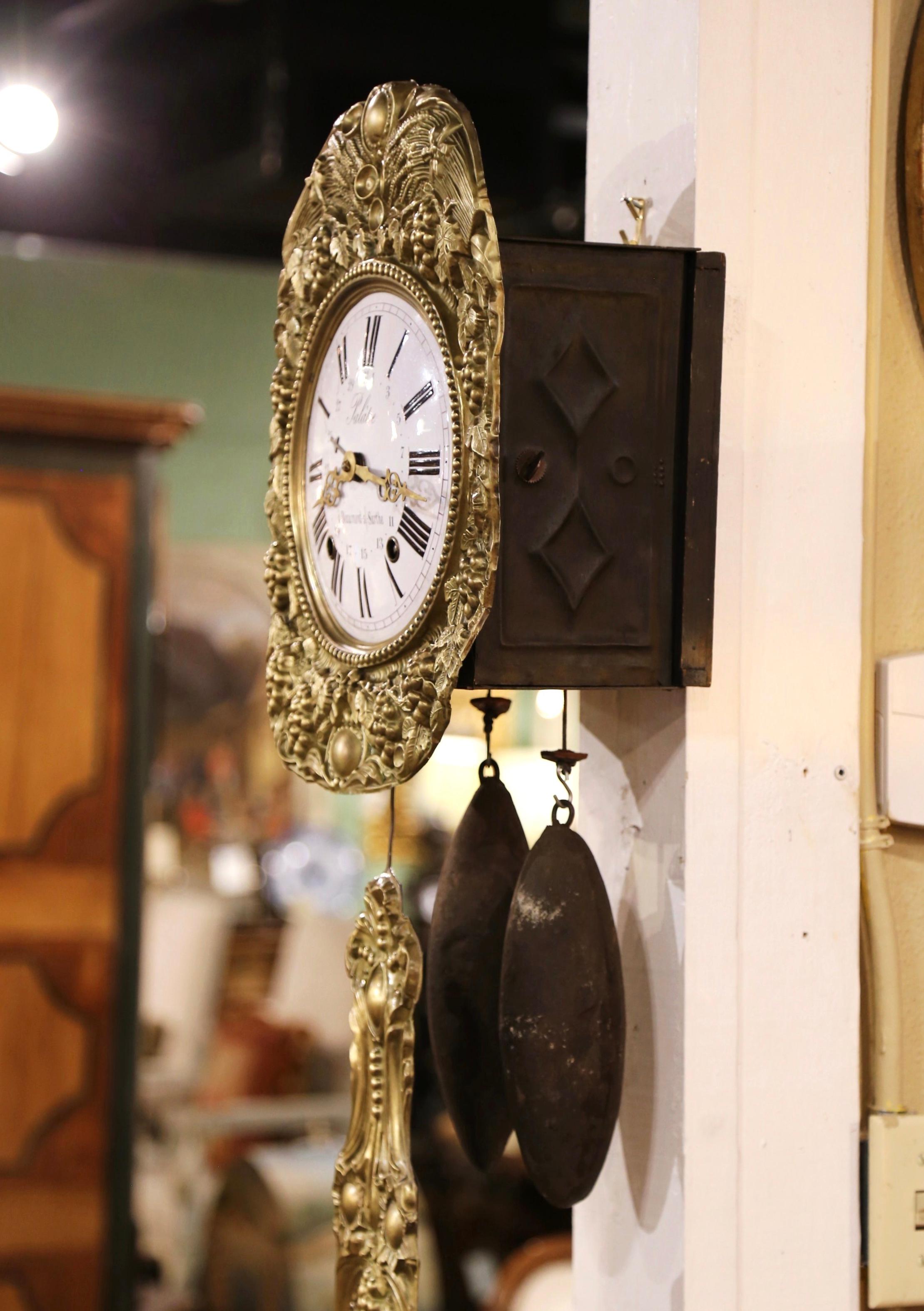 19th Century French Repousse Brass Comtoise Wall Clock with Grape & Vine Motifs 1