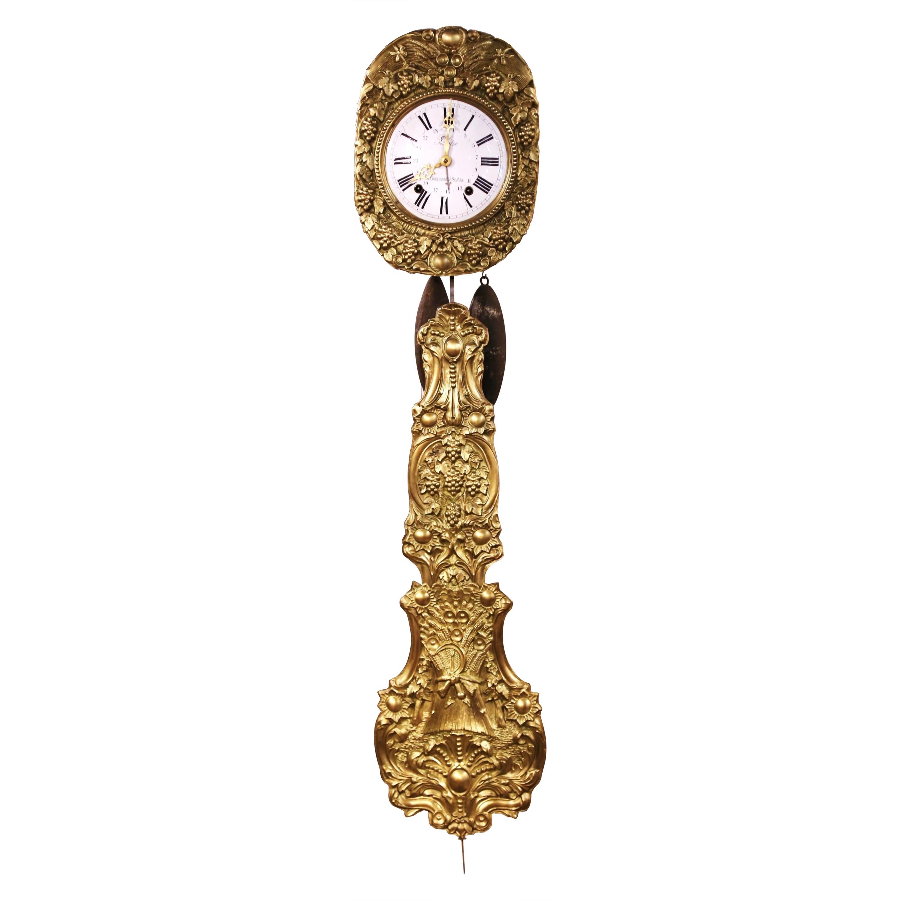 19th Century French Repousse Brass Comtoise Wall Clock with Grape & Vine Motifs