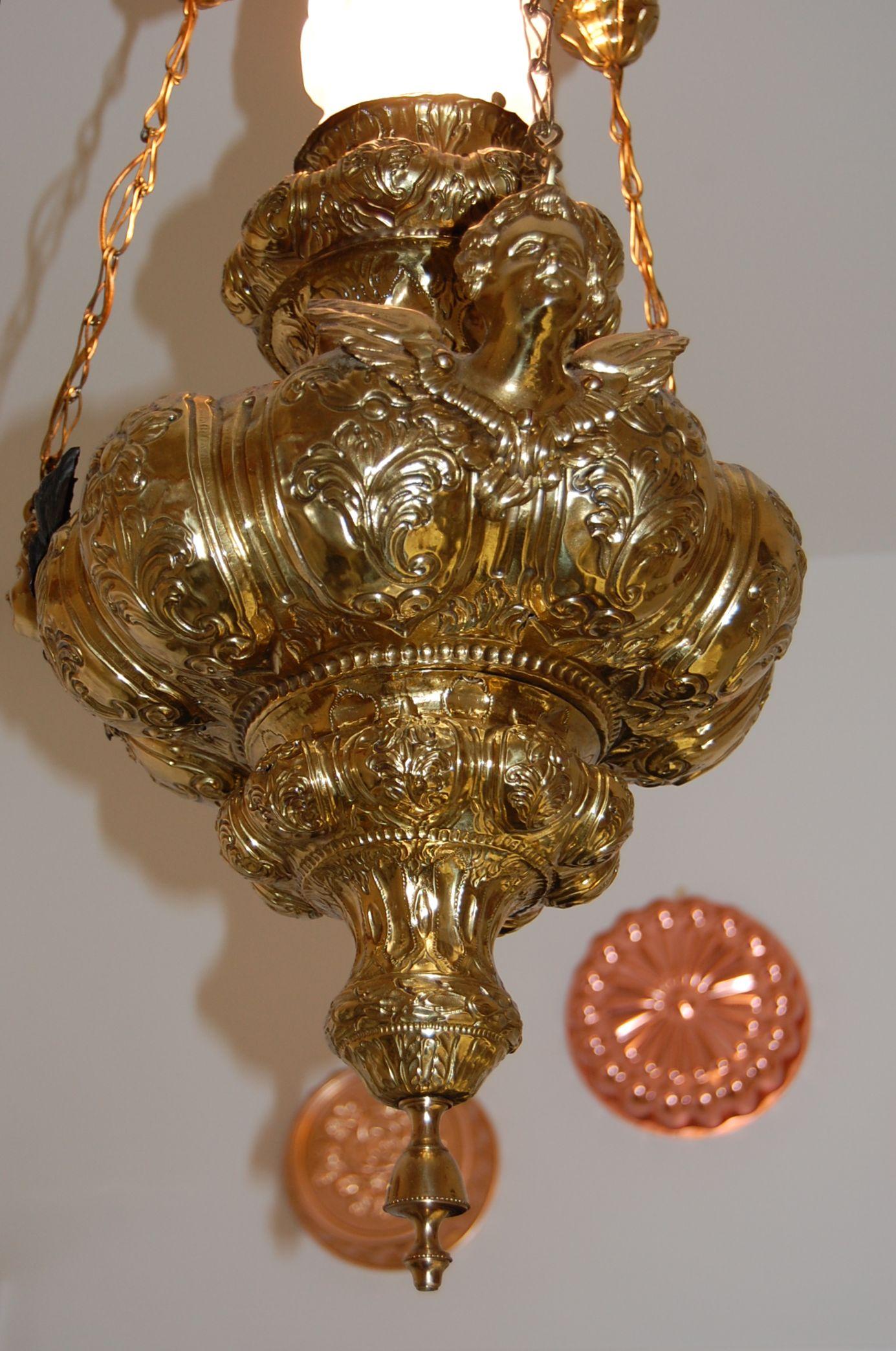 19th Century French Repoussé Brass Oil Lantern Chandelier with Angels For Sale 5