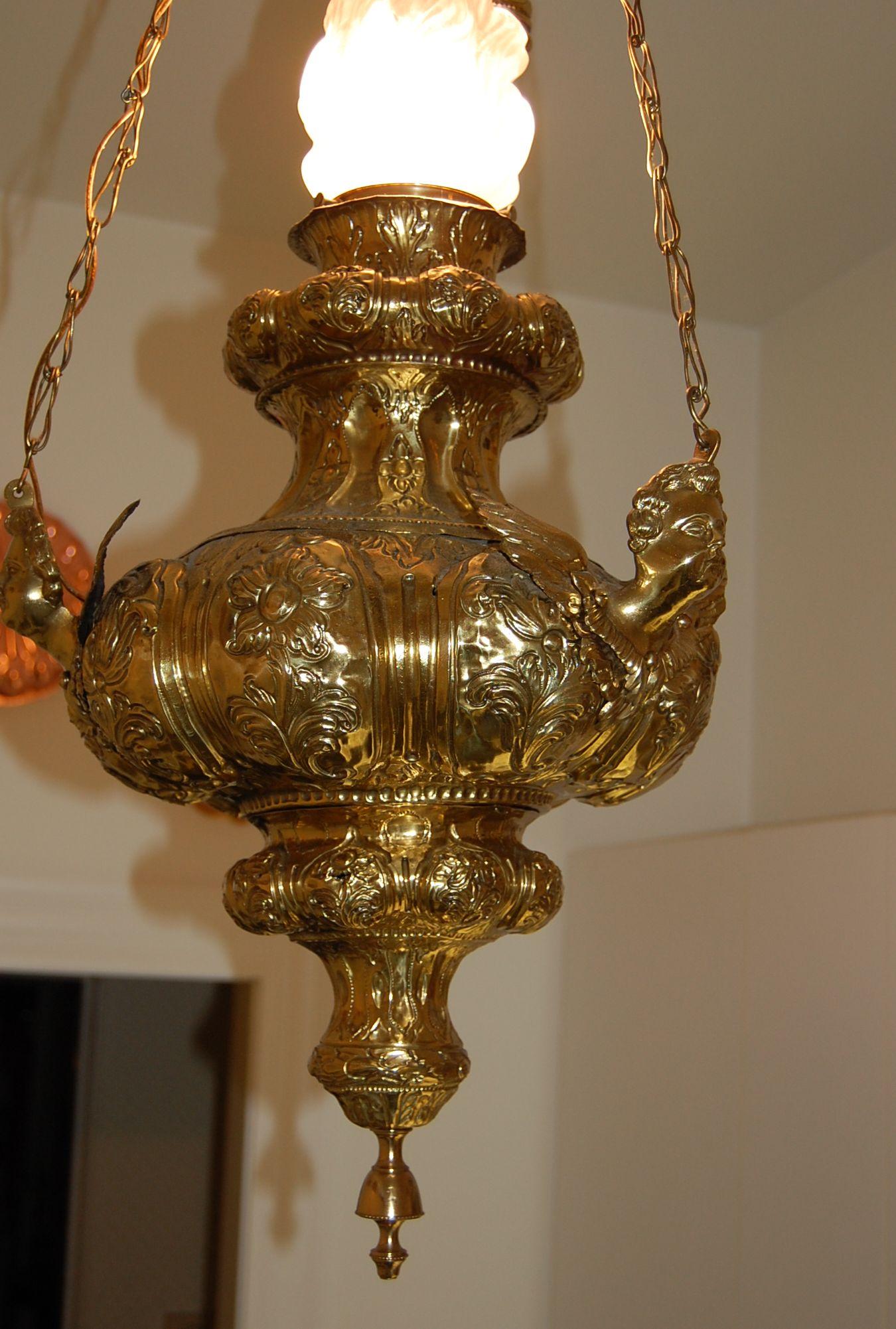 19th Century French Repoussé Brass Oil Lantern Chandelier with Angels For Sale 6