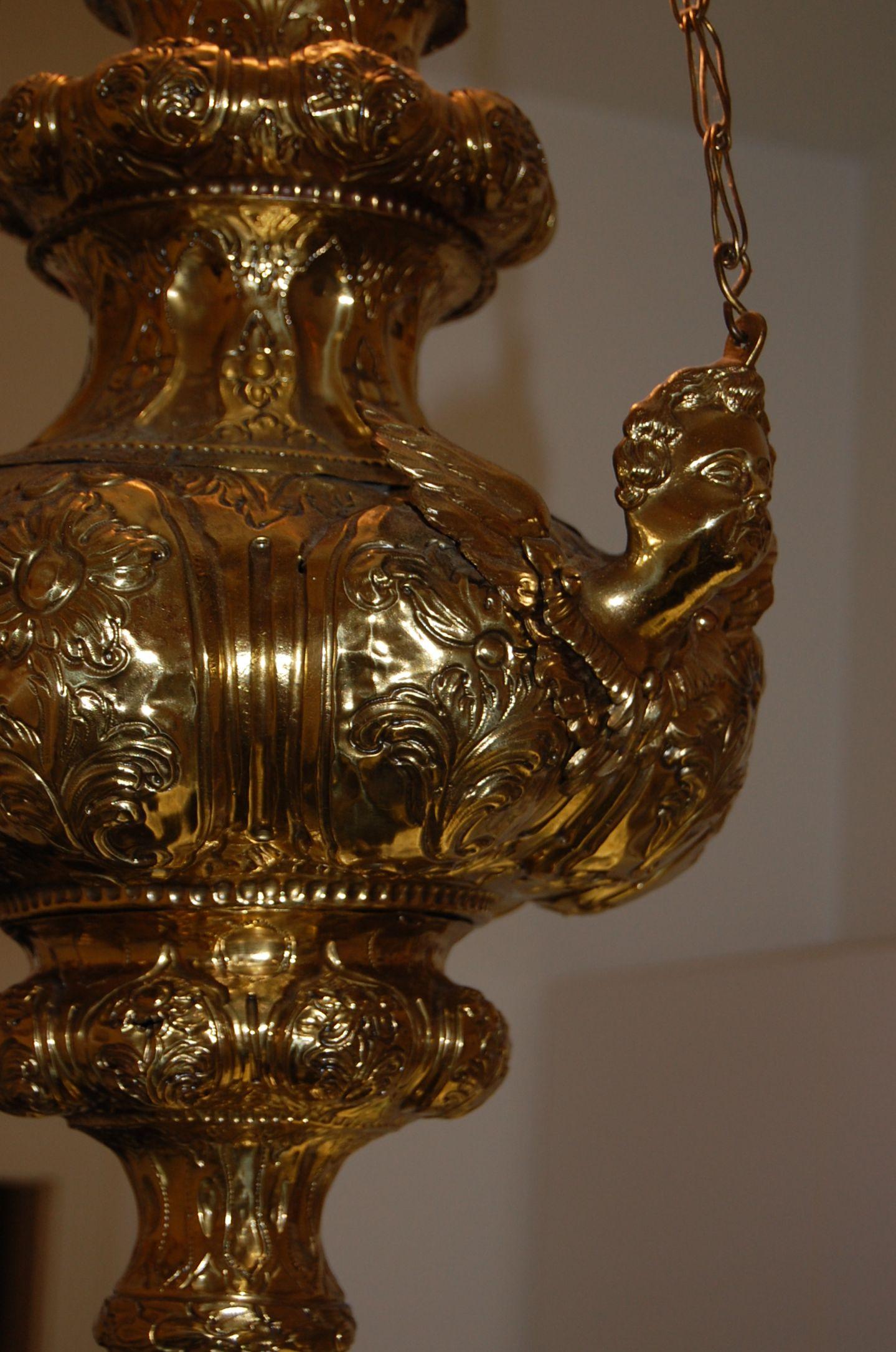 19th Century French Repoussé Brass Oil Lantern Chandelier with Angels For Sale 7