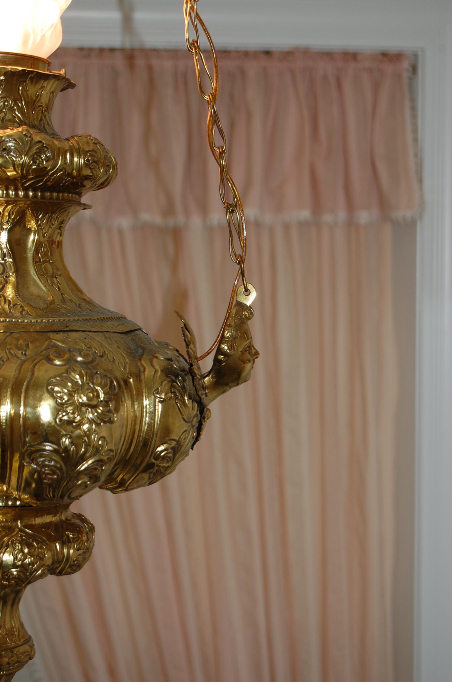 Renaissance Revival 19th Century French Repoussé Brass Oil Lantern Chandelier with Angels For Sale
