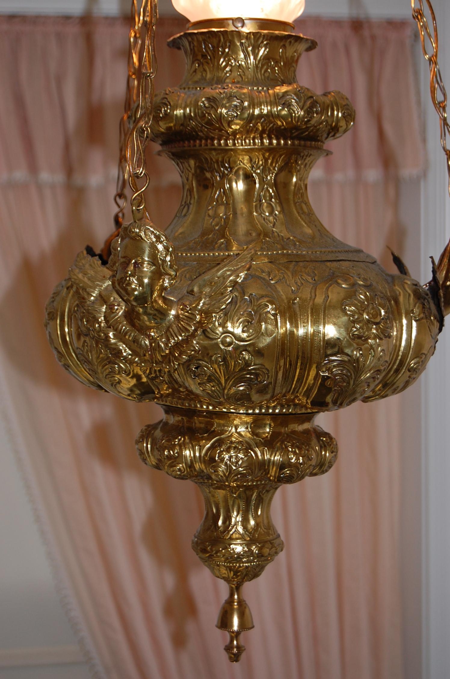 19th Century French Repoussé Brass Oil Lantern Chandelier with Angels For Sale 1