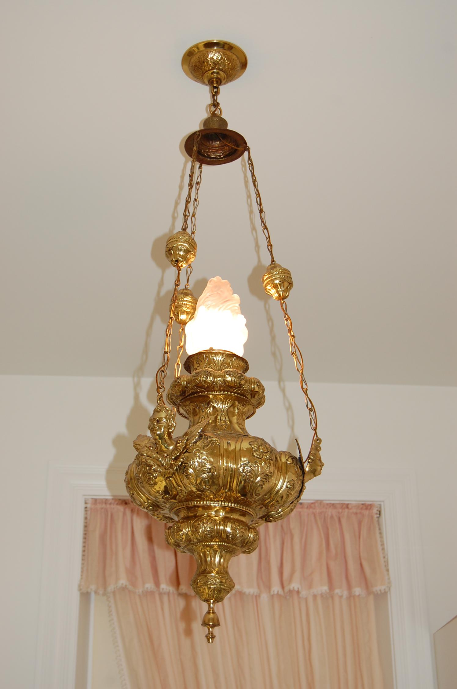 19th Century French Repoussé Brass Oil Lantern Chandelier with Angels For Sale 2