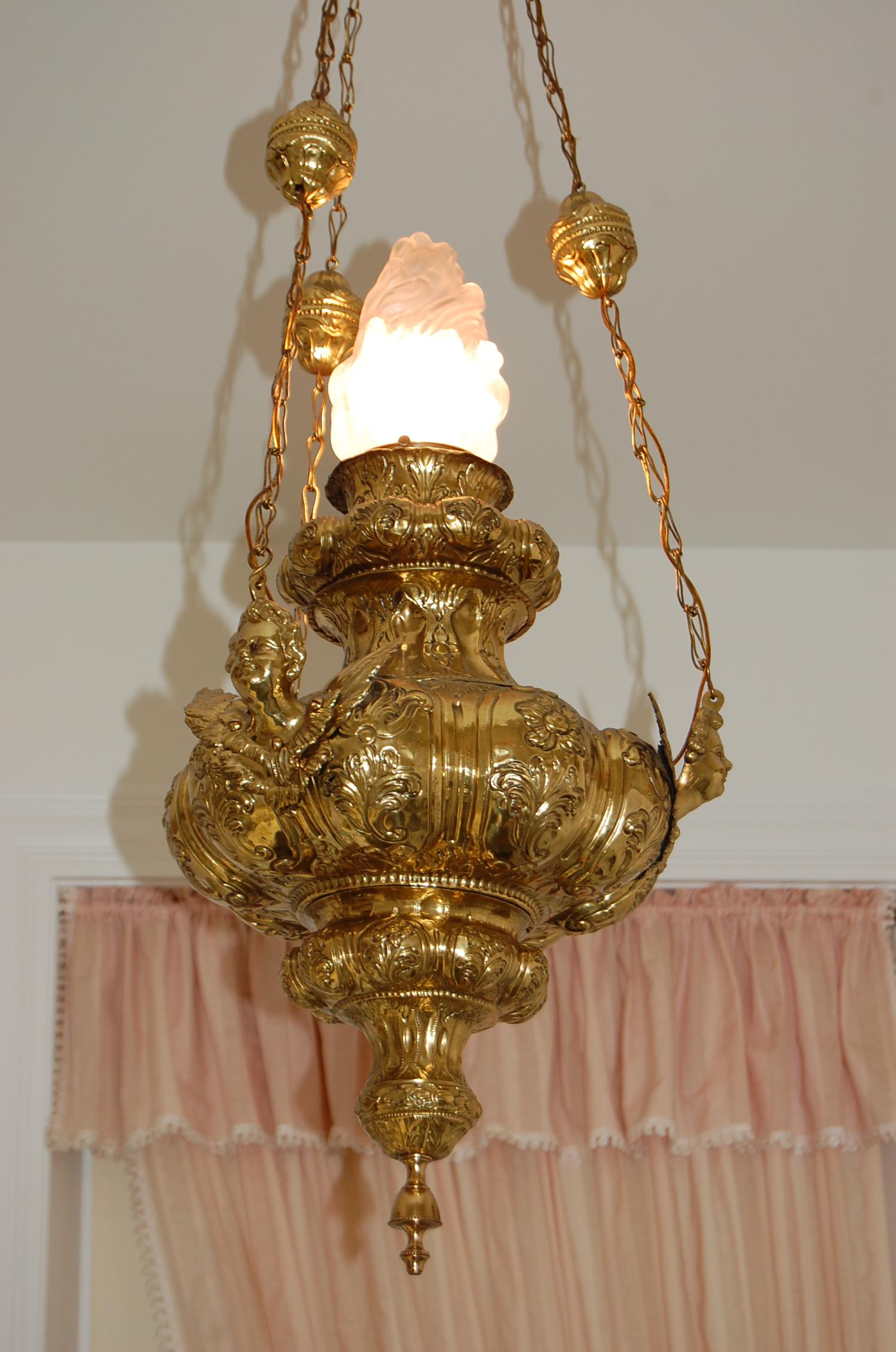 19th Century French Repoussé Brass Oil Lantern Chandelier with Angels For Sale 3