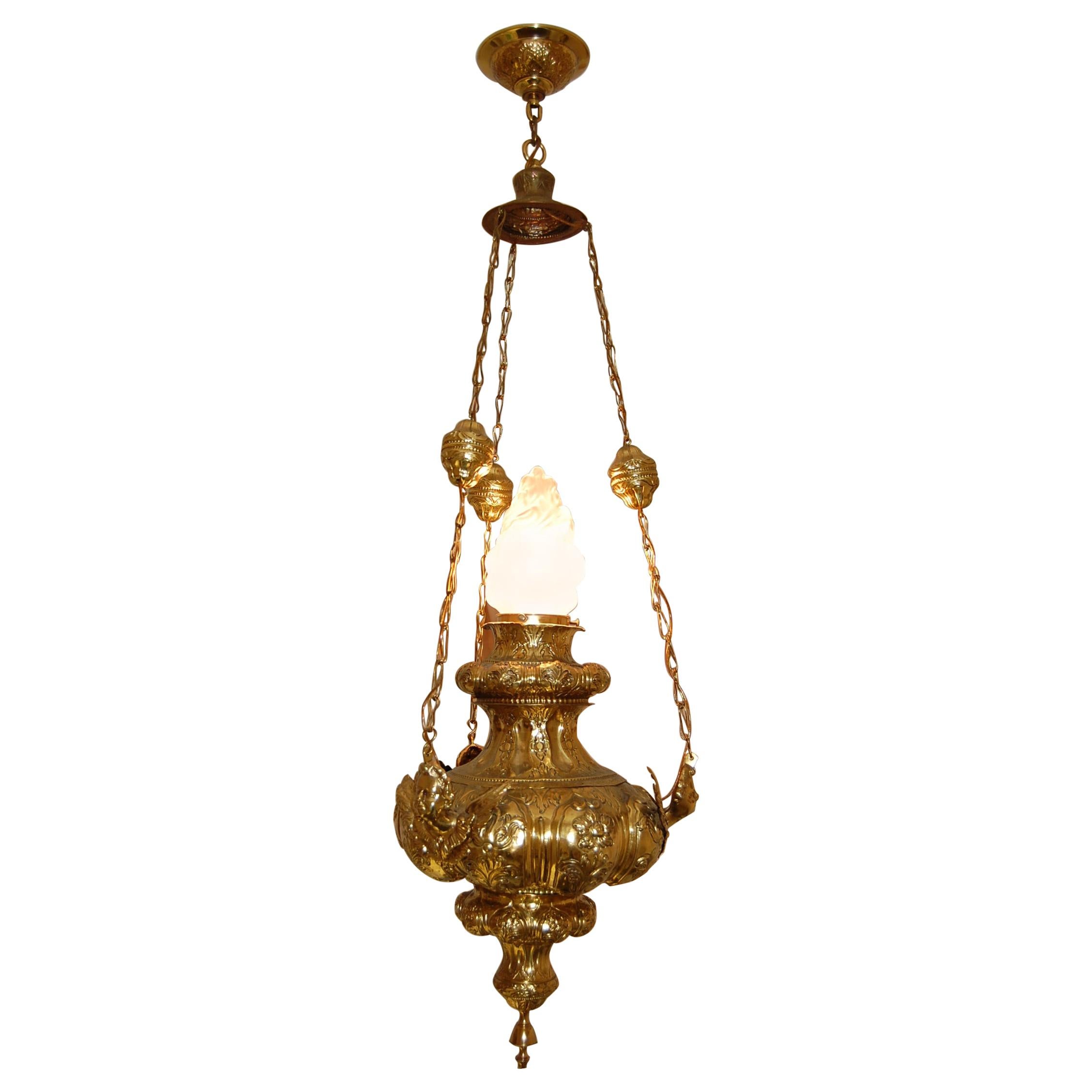 19th Century French Repoussé Brass Oil Lantern Chandelier with Angels For Sale