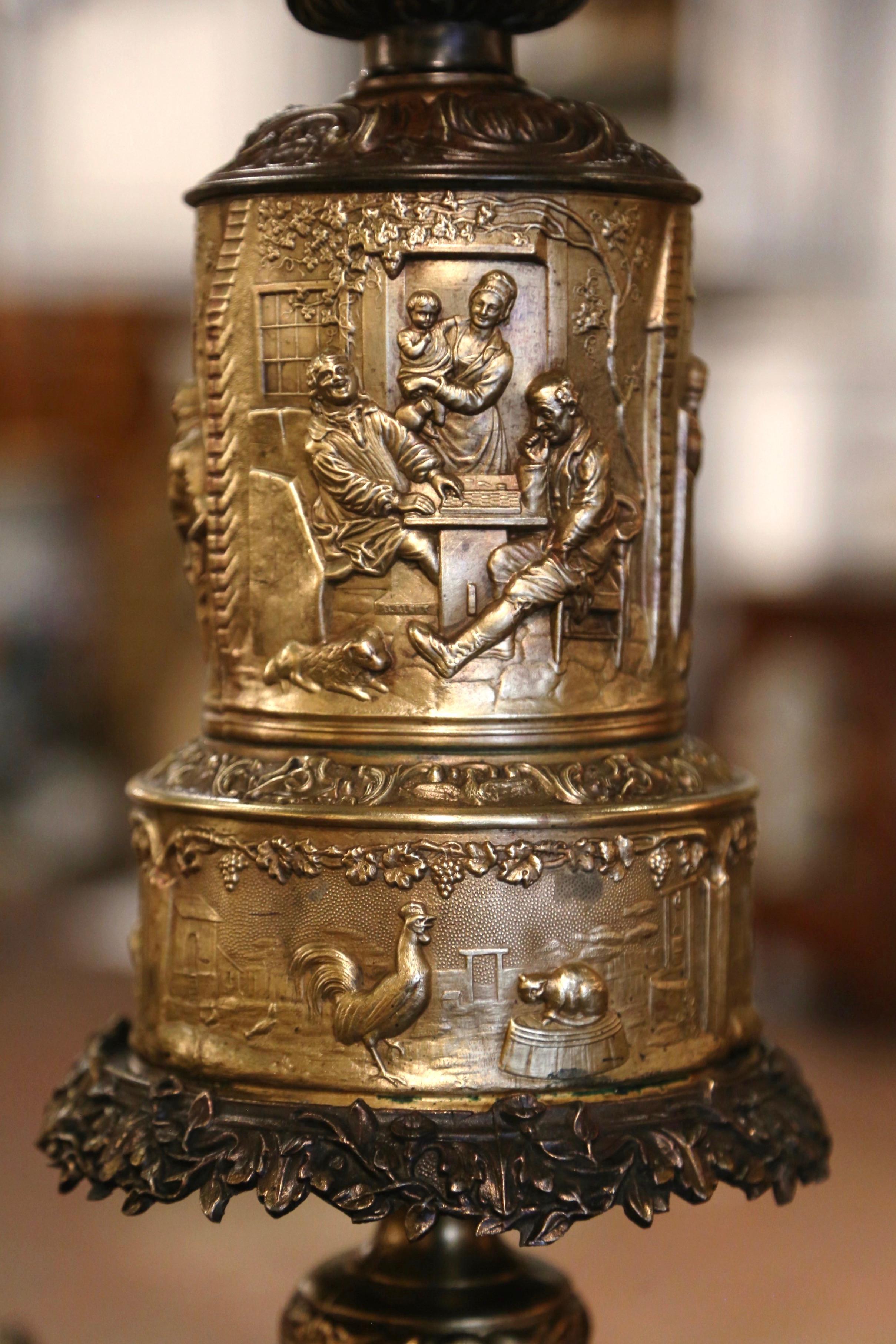 Repoussé  19th Century French Repousse Brass Oil Table Lamp with Tavern Scenes  For Sale