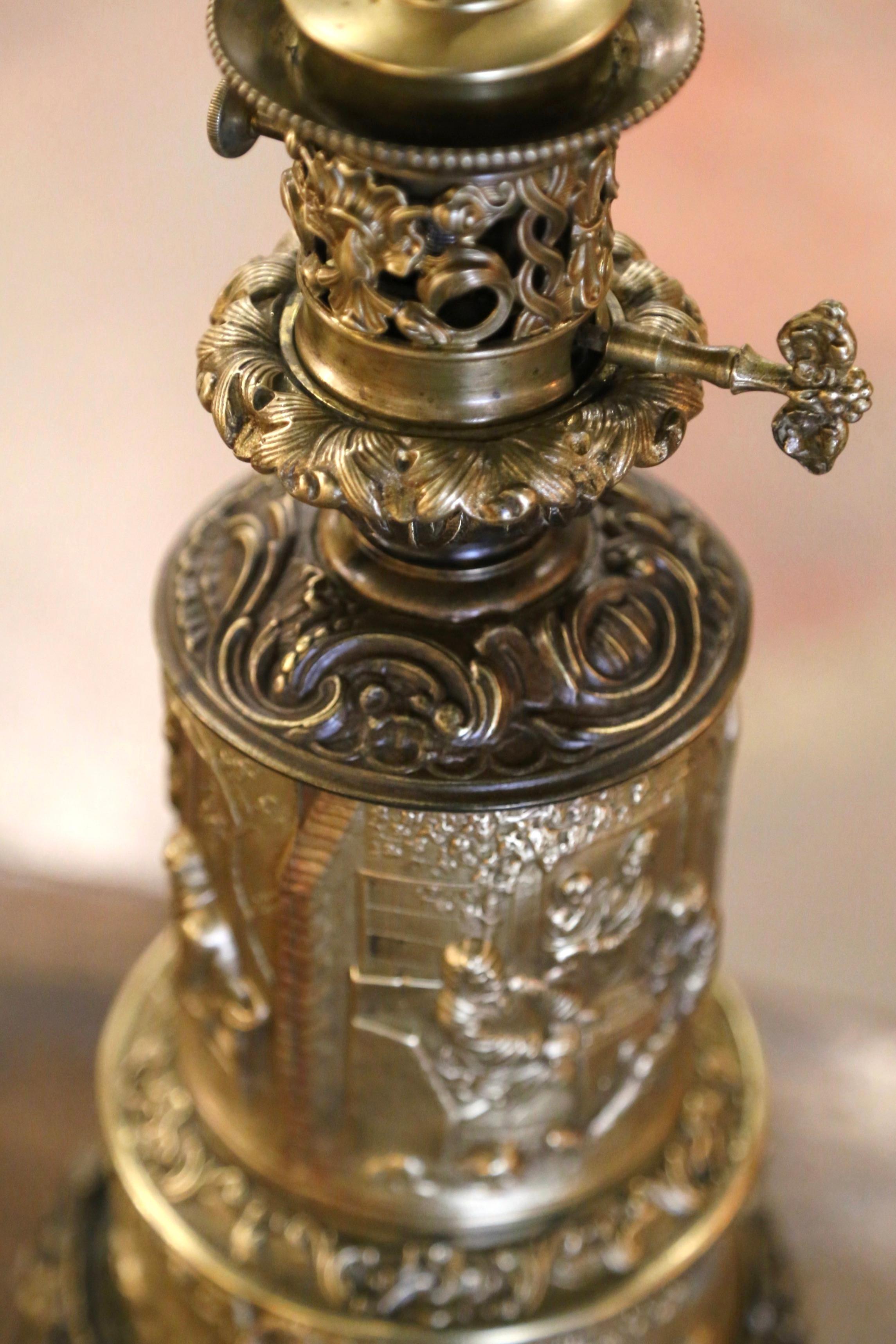  19th Century French Repousse Brass Oil Table Lamp with Tavern Scenes  For Sale 3