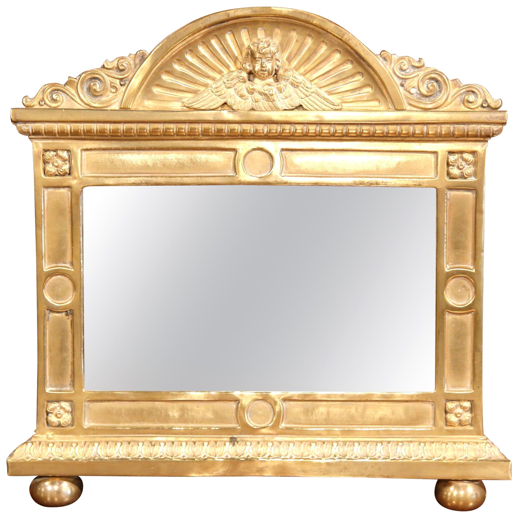 19th Century French Repousse Brass Wall Mirror with Cherub Face Decor For Sale