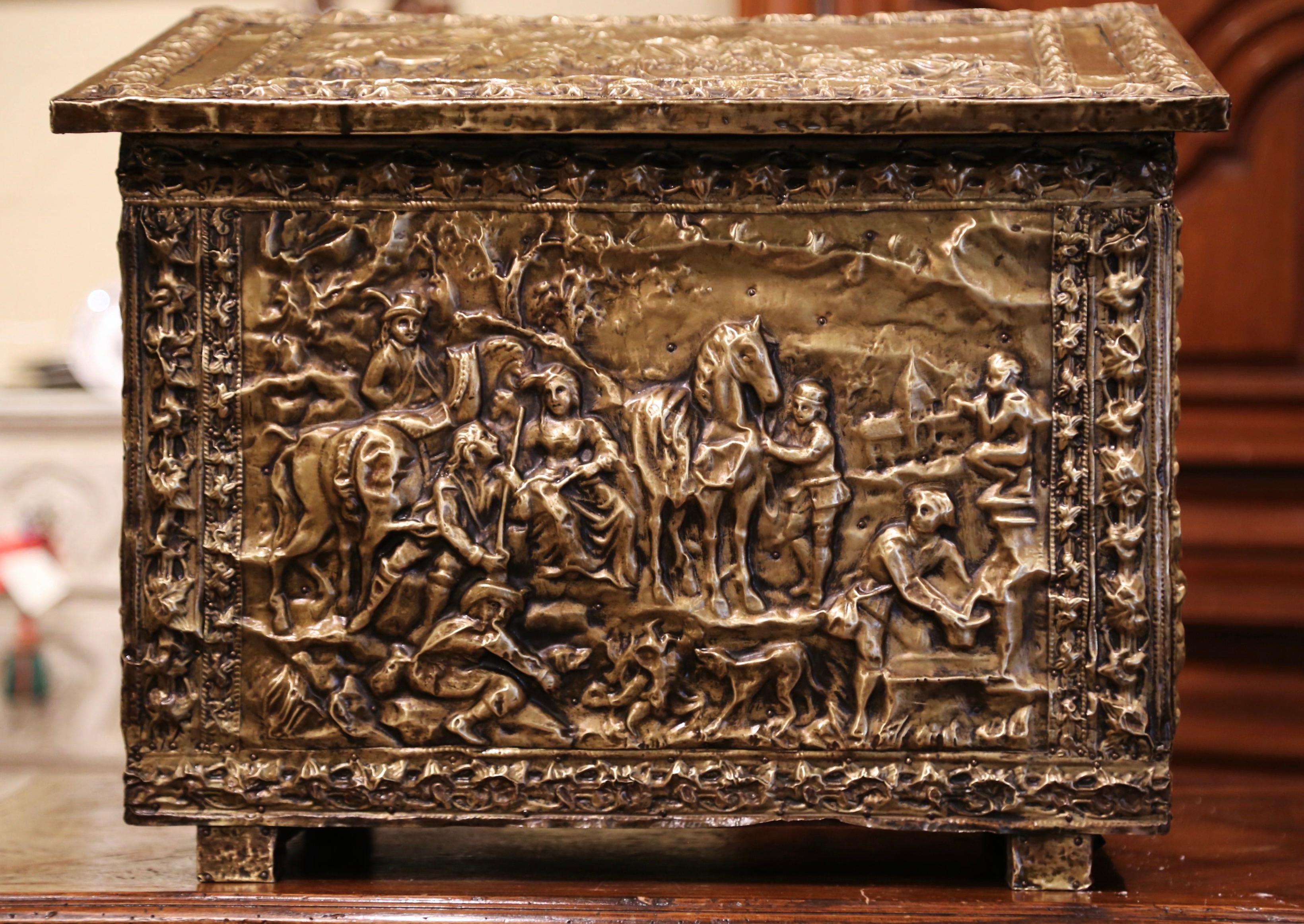 19th Century French Repousse Brass and Wood Box with Pastoral Scenes Decor In Excellent Condition In Dallas, TX