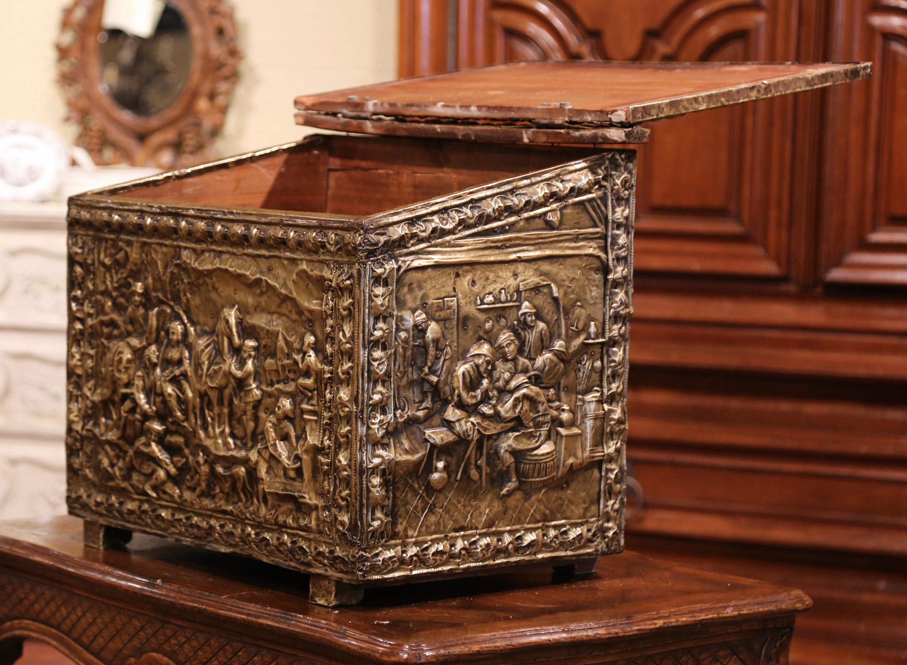 19th Century French Repousse Brass and Wood Box with Pastoral Scenes Decor 1