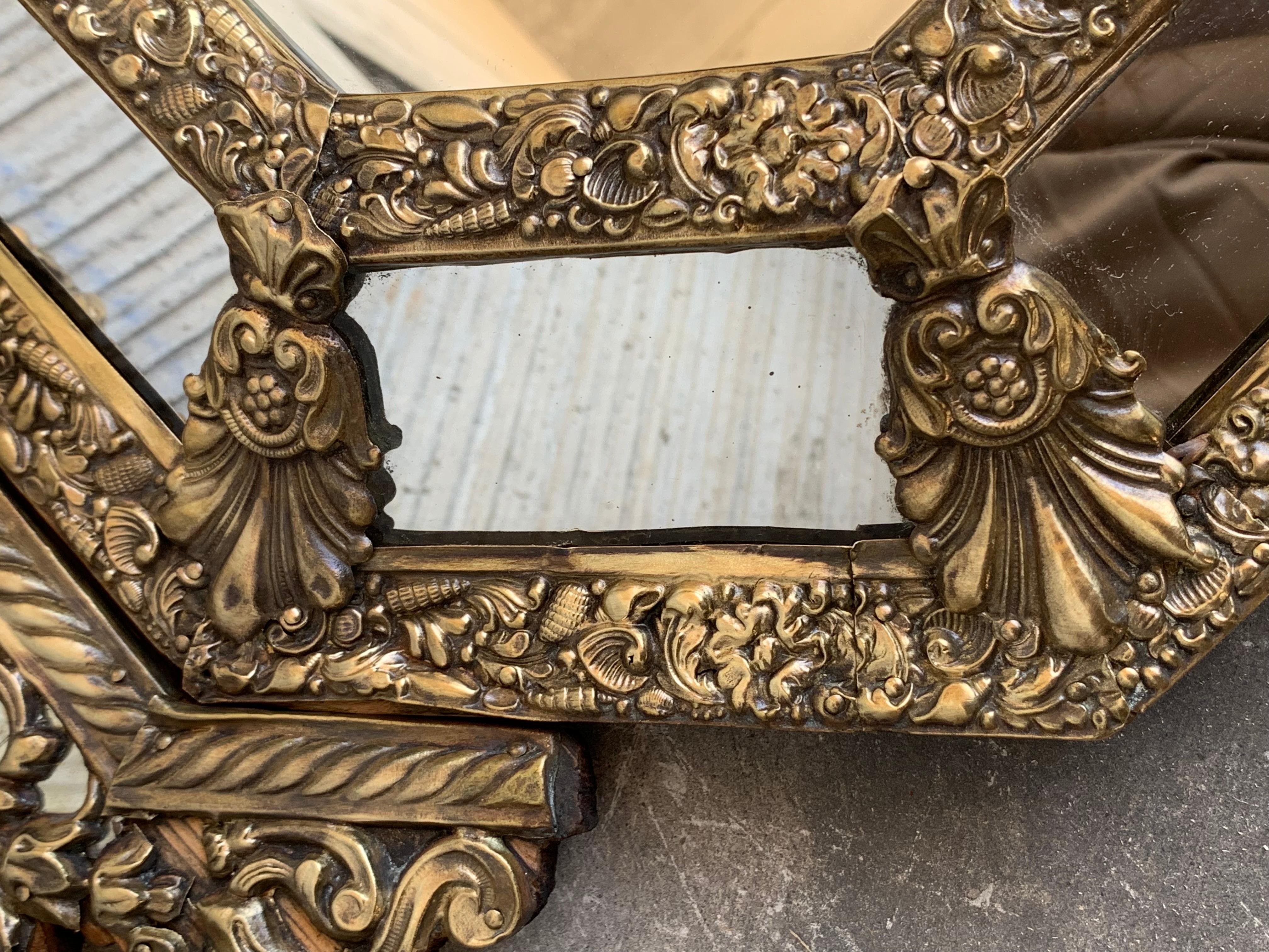 19th Century French Repousse Hexagonal Brass Relief Wall Mirror with Crest For Sale 6