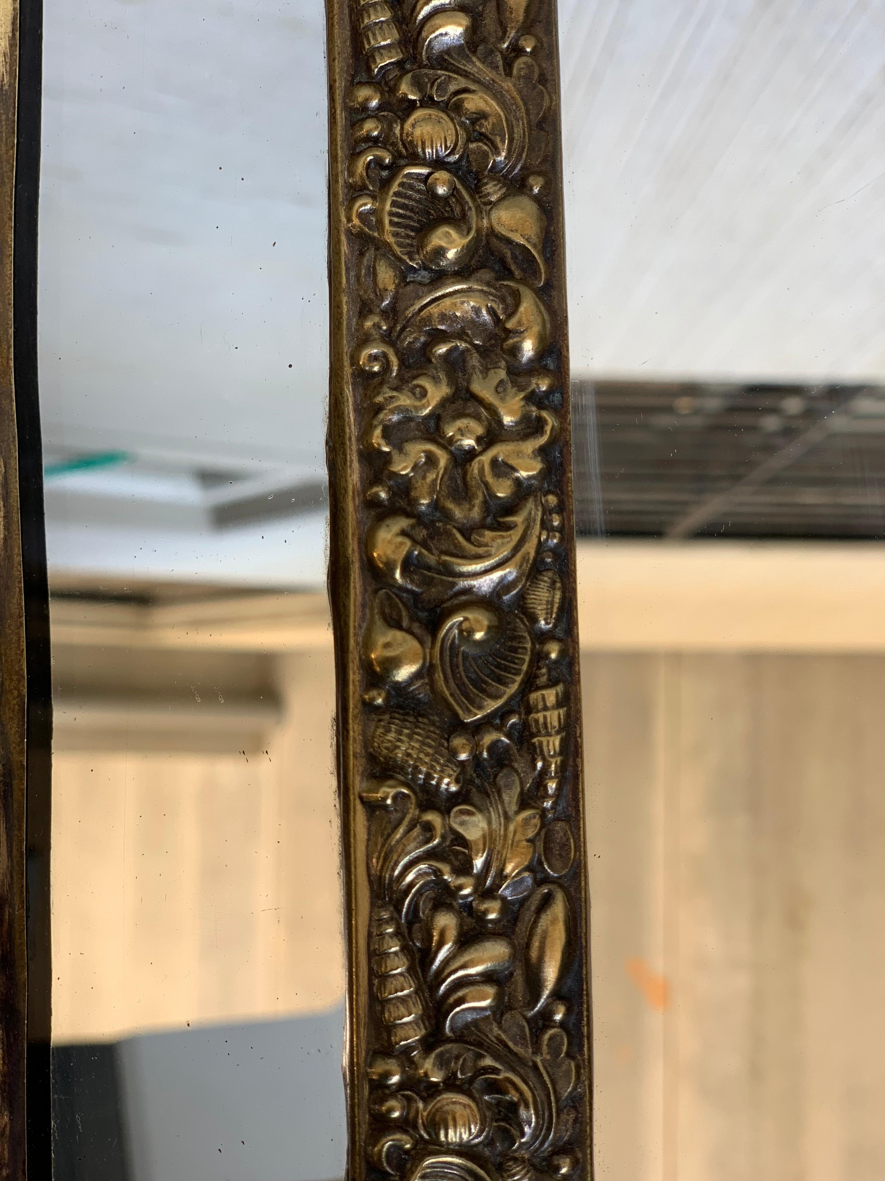 19th Century French Repousse Hexagonal Brass Relief Wall Mirror with Crest For Sale 8
