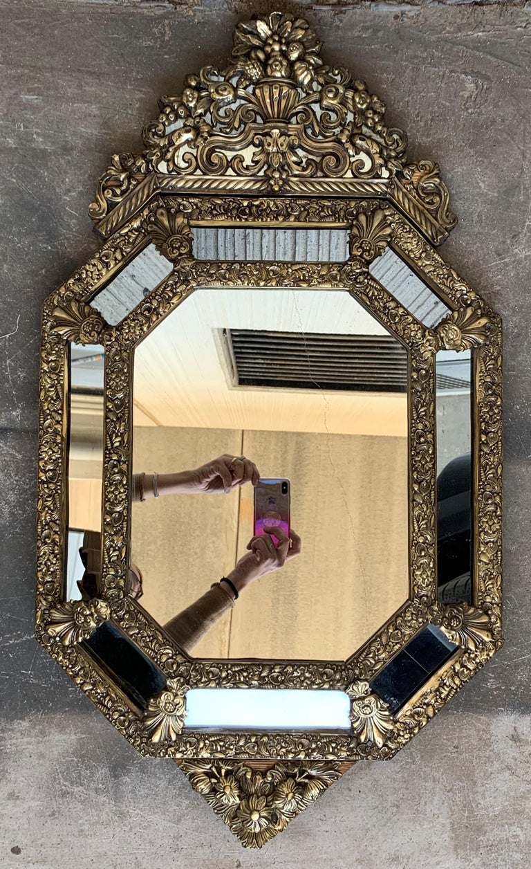 19th Century French Repousse Hexagonal Brass Relief Wall Mirror with ...