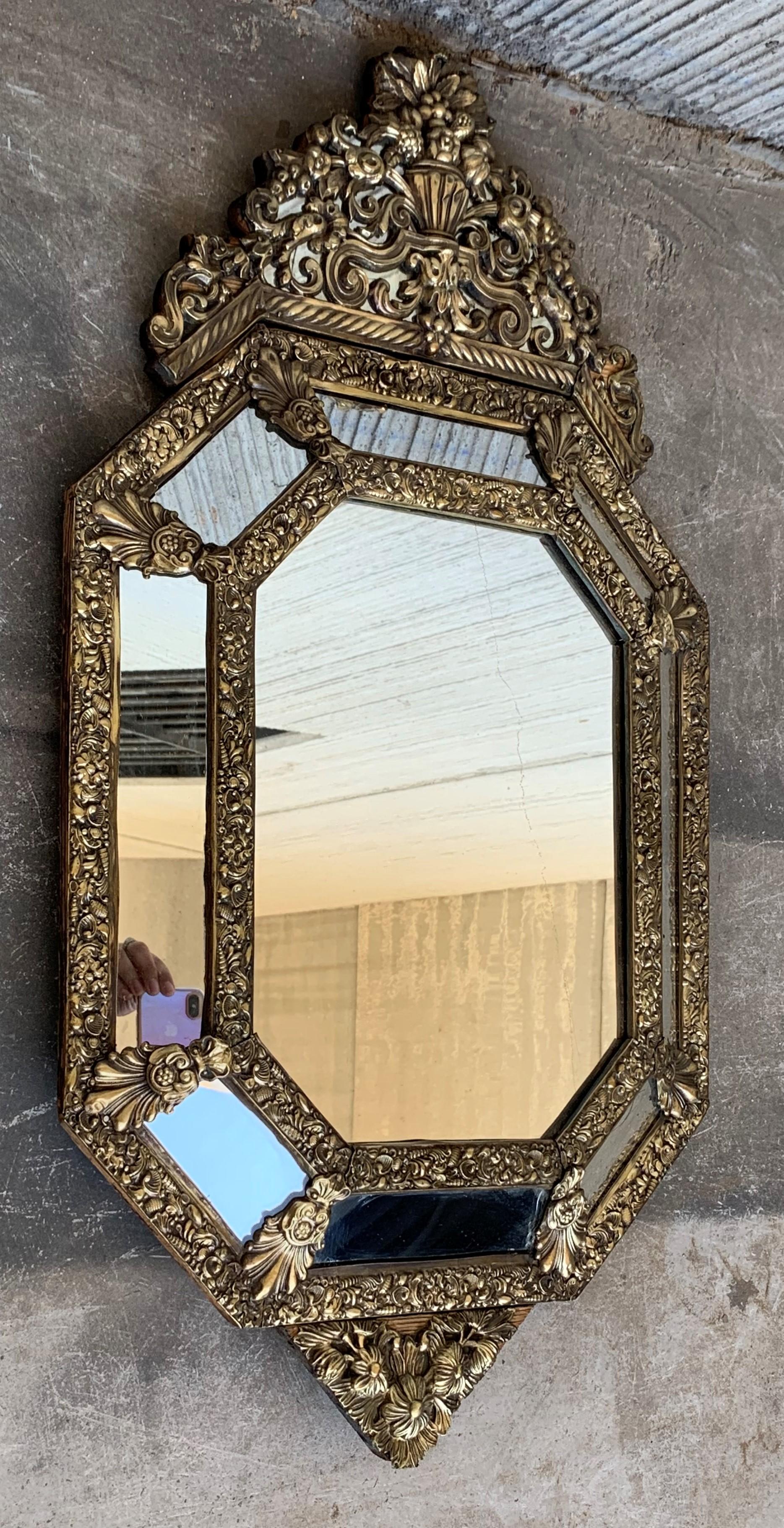 19th Century French Repousse Hexagonal Brass Relief Wall Mirror with Crest For Sale 1