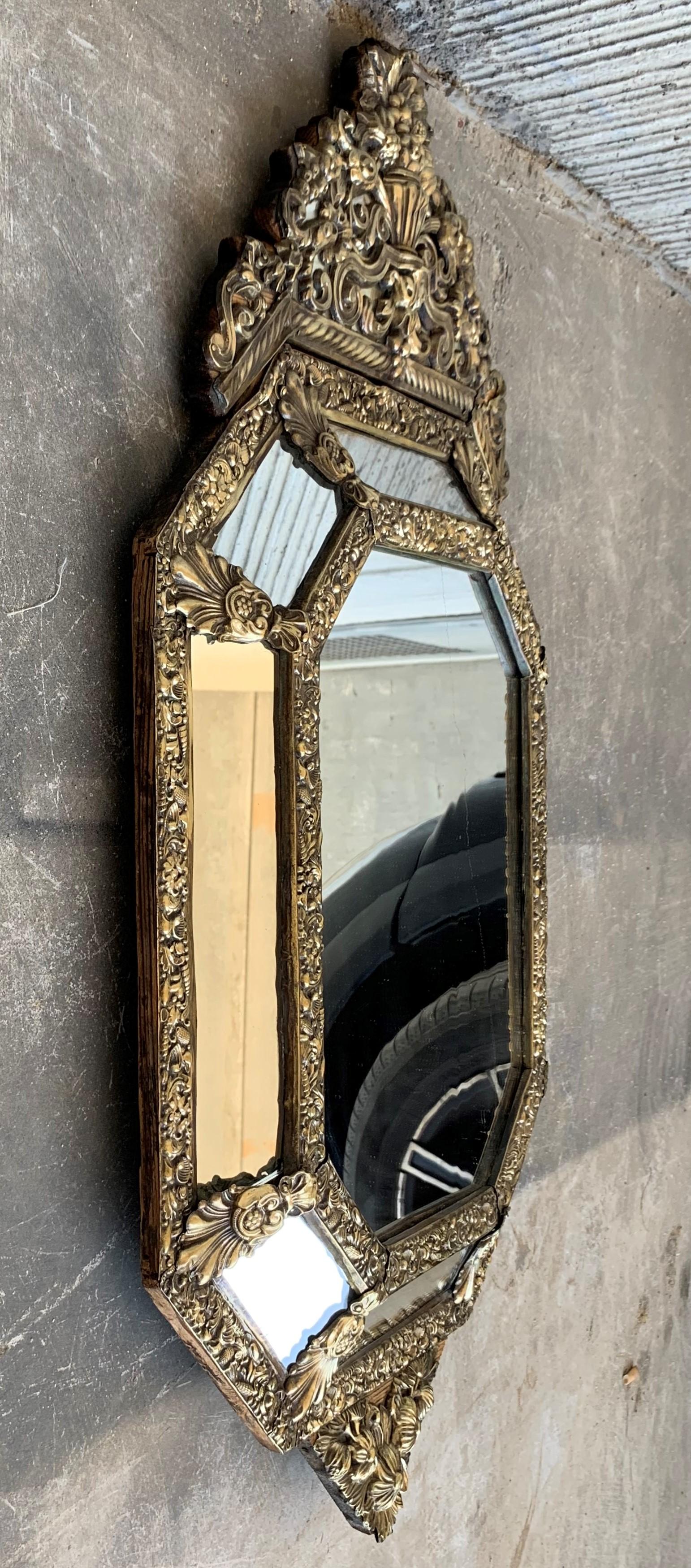 19th Century French Repousse Hexagonal Brass Relief Wall Mirror with Crest For Sale 2
