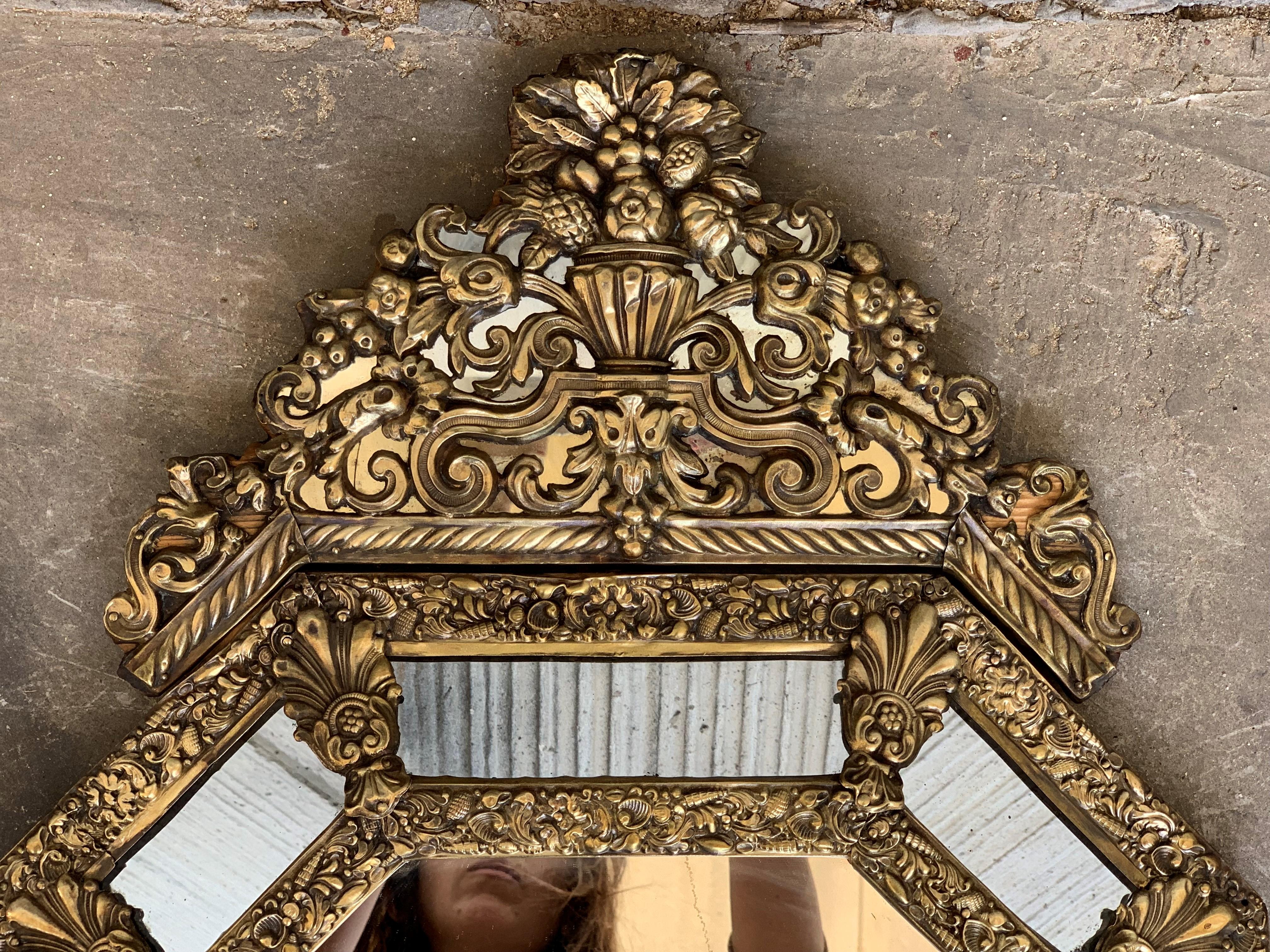 19th Century French Repousse Hexagonal Brass Relief Wall Mirror with Crest For Sale 3