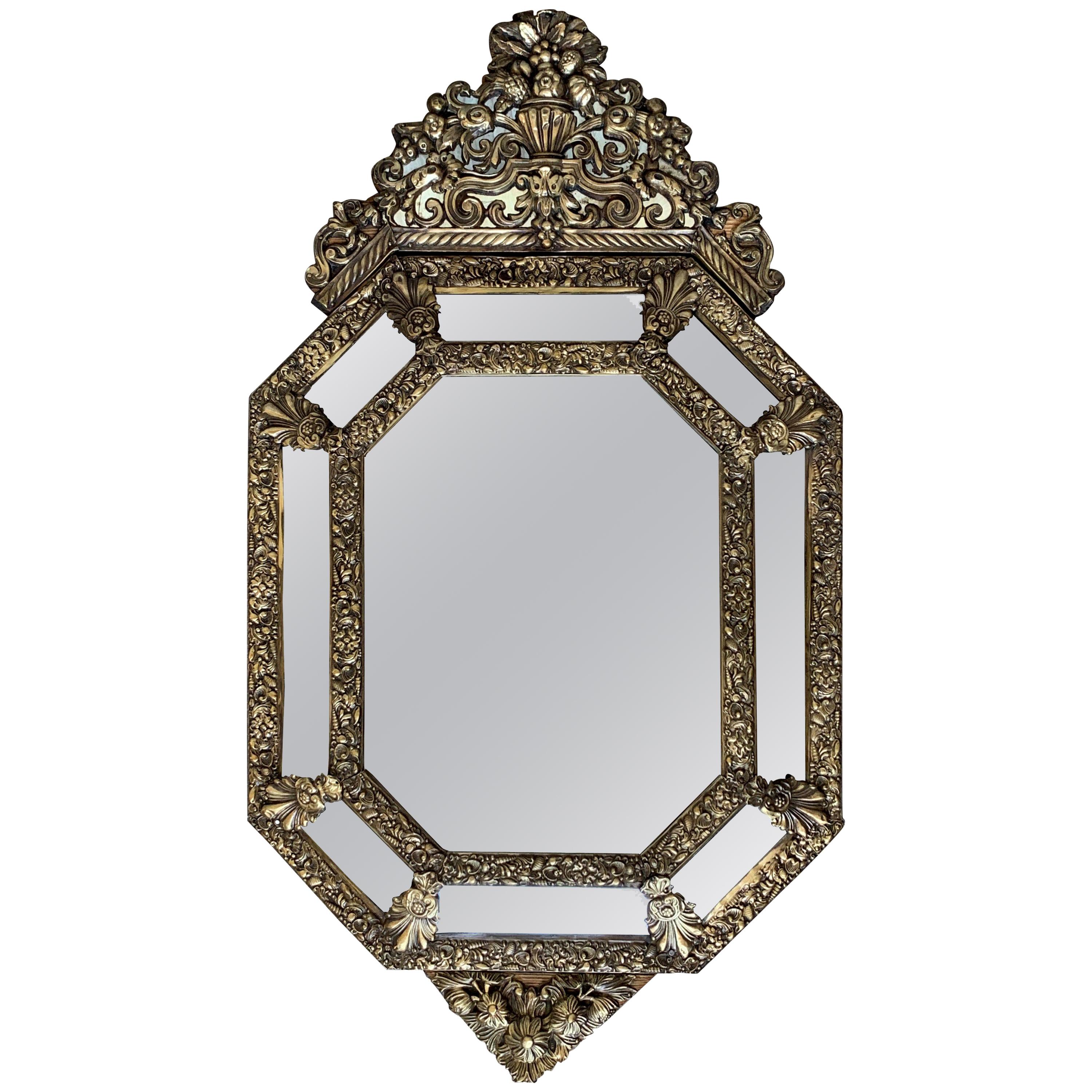 19th Century French Repousse Hexagonal Brass Relief Wall Mirror with Crest For Sale