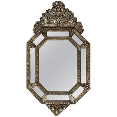 19th Century French Repousse Hexagonal Brass Relief Wall Mirror with Crest