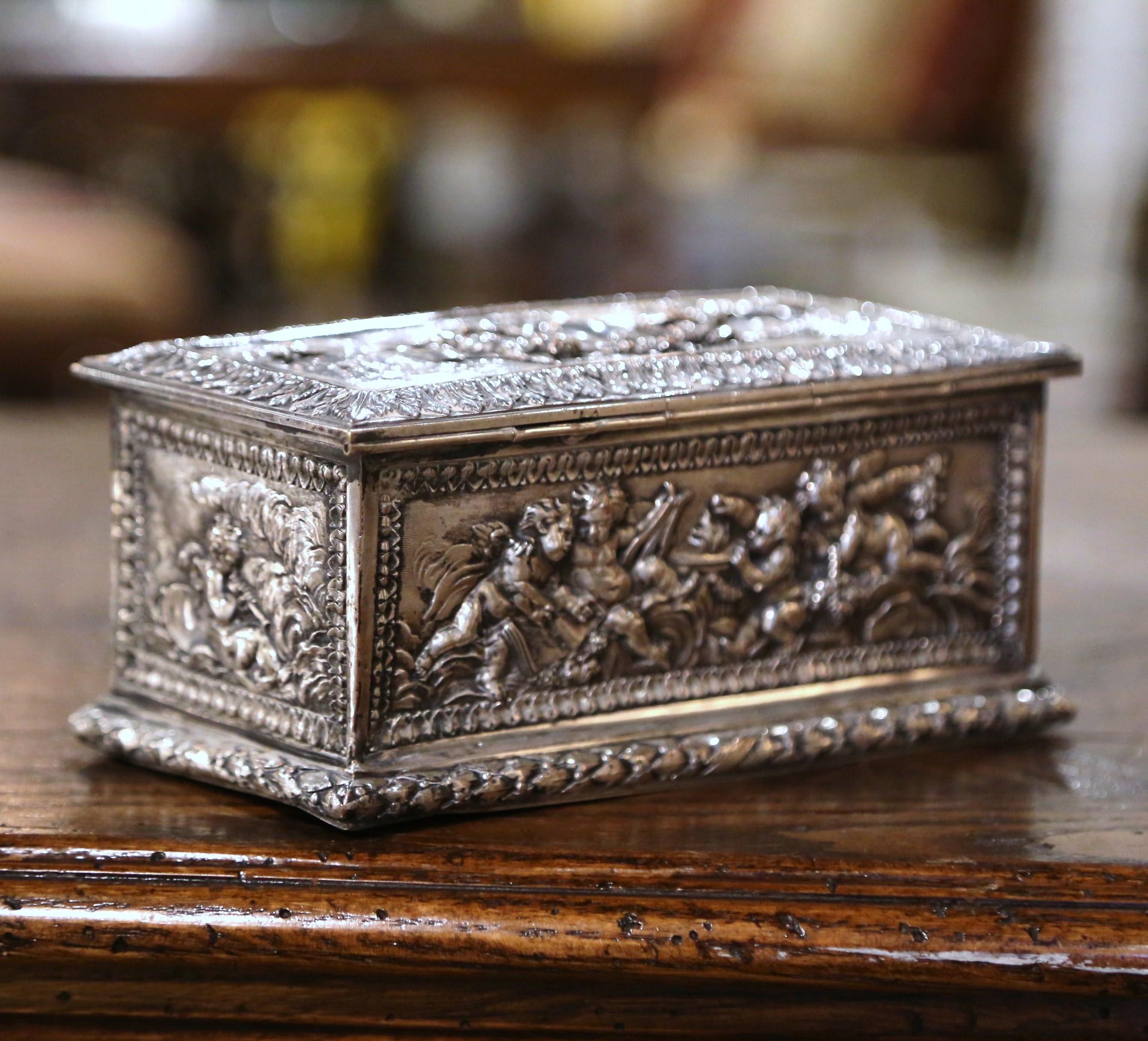 Place this elegant, antique Napoleon III copper box in your master bath to keep your jewelry safe and organized. Crafted in France circa 1880, the ornate casket is rectangular in shape; all five sides including the top are decorated with detailed
