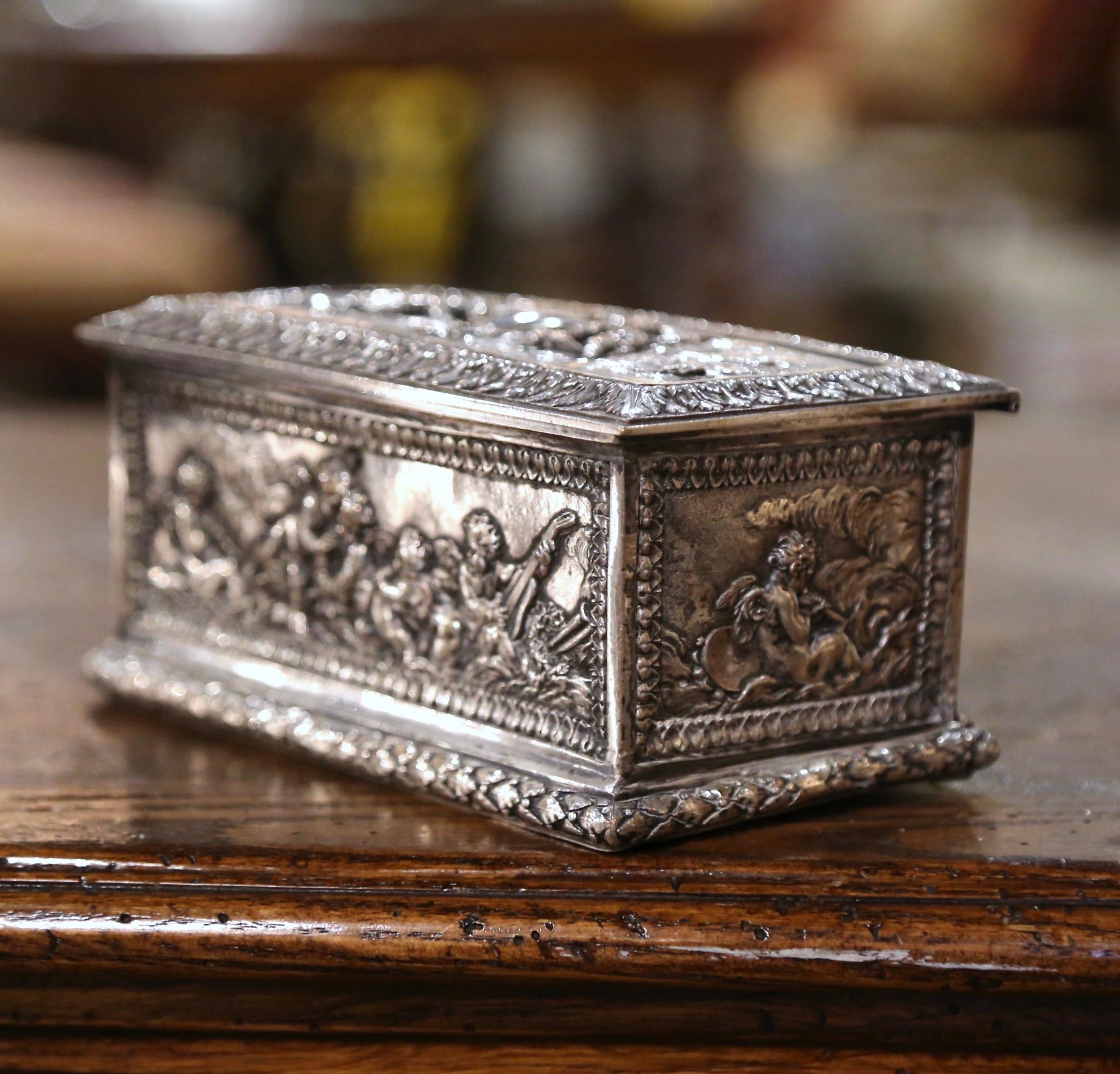 Hand-Carved 19th Century French Repousse Silver Plated on Copper Jewelry Box