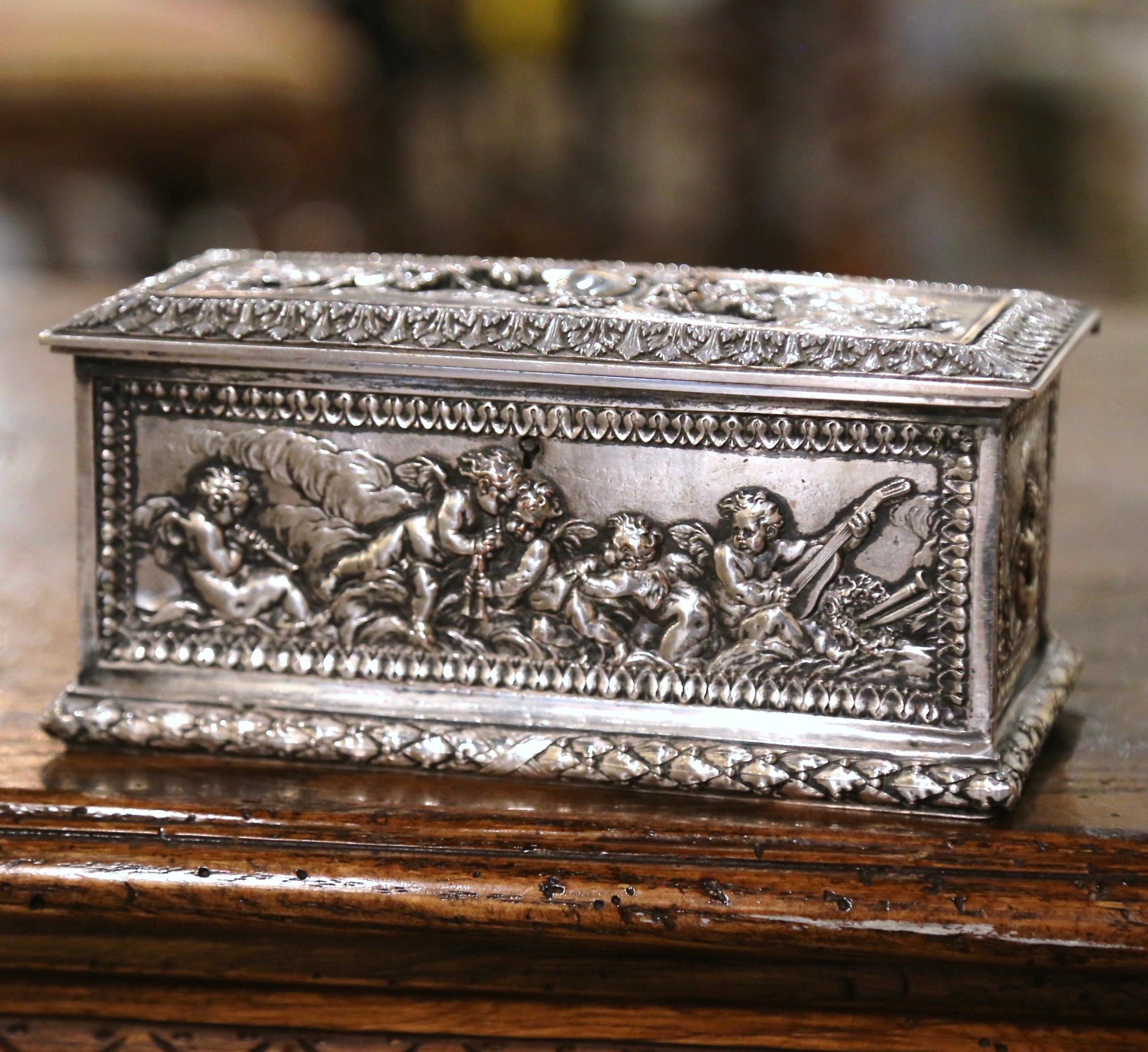 19th Century French Repousse Silver Plated on Copper Jewelry Box In Excellent Condition In Dallas, TX