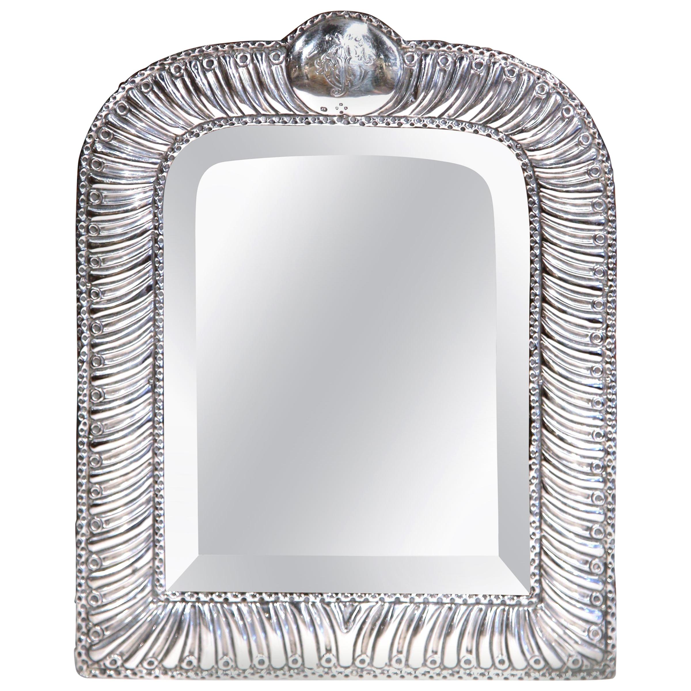 19th Century French Repousse Silver Table Mirror with Beveled Glass