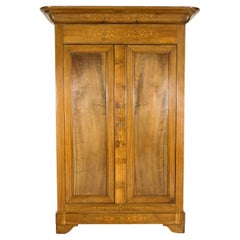 Antique 19th Century French Restauration Period Walnut Armoire with Fruitwood Marquetry