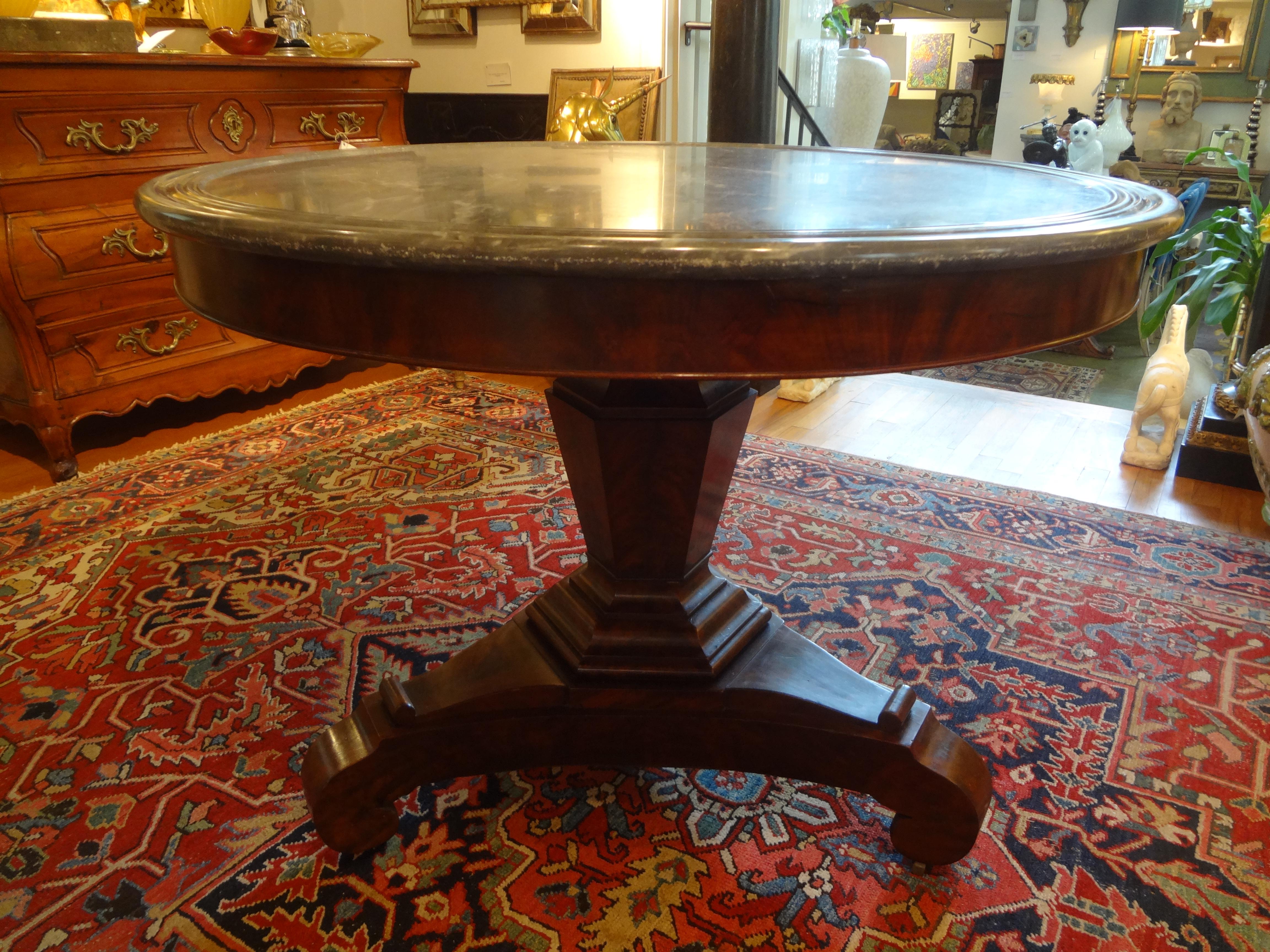 19th Century French Restauration Period Walnut Center Table with Gray Marble Top 3