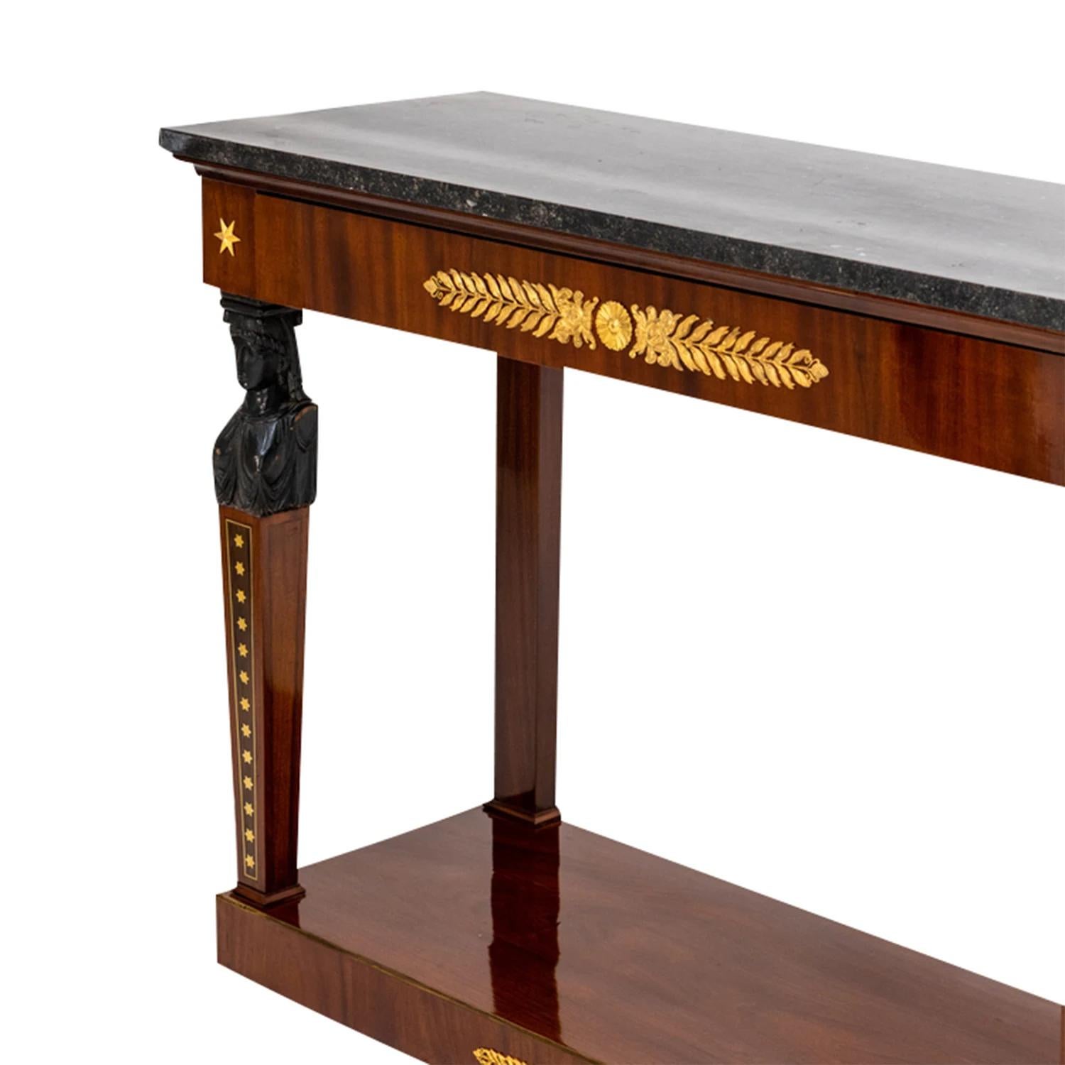 Hand-Carved 19th Century French Retour d'Egpyte Antique Veneered Mahogany Console Table For Sale