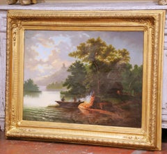 19th Century French River Landscape Oil on Canvas in Carved Gilt Frame, Signed