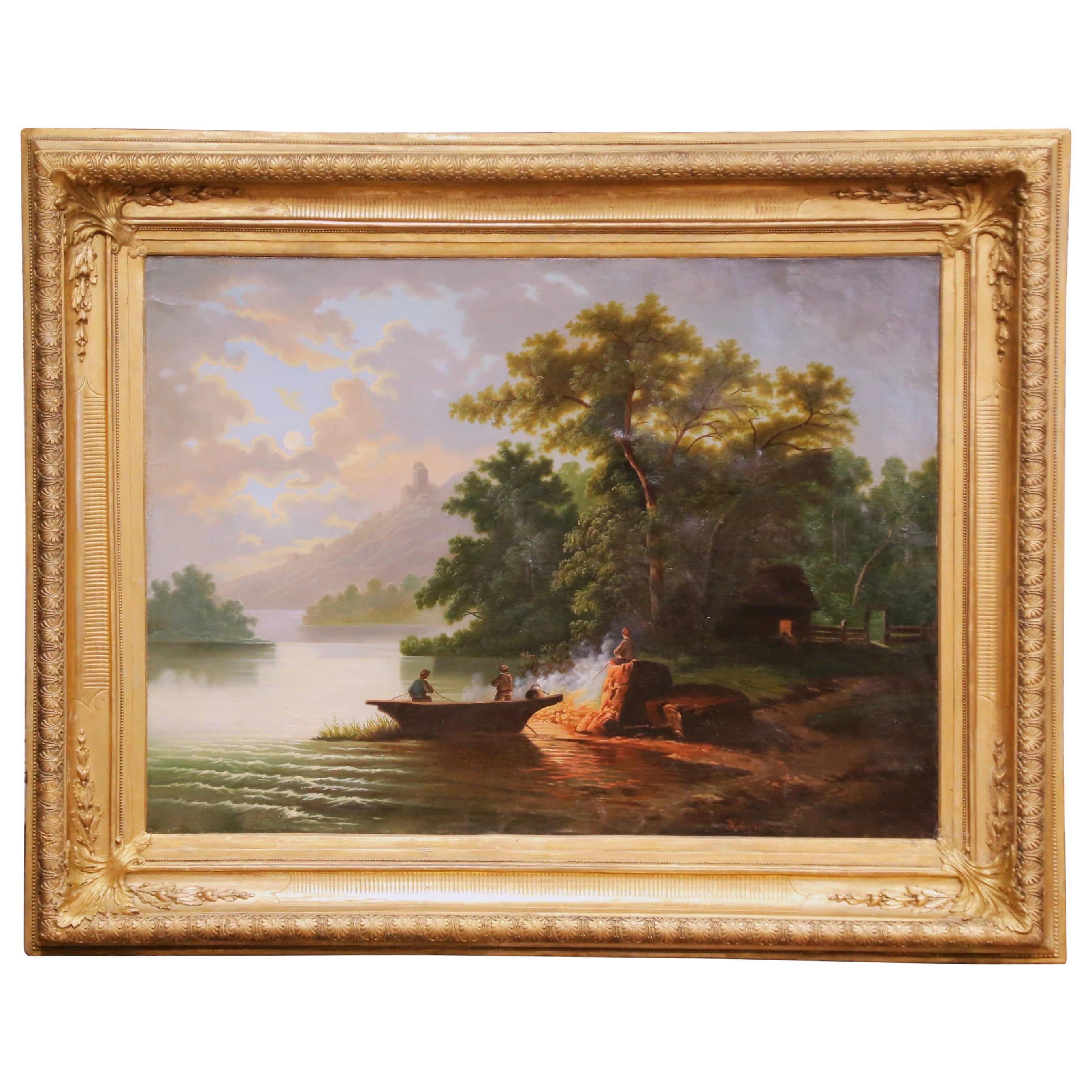 19th Century French River Landscape Oil on Canvas in Carved Gilt Frame, Signed